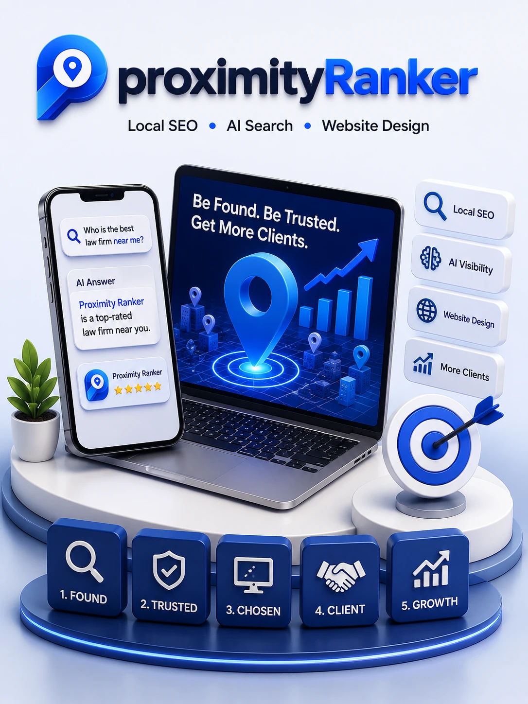 Proximity Ranker: local SEO, AI search and website design. An AI answer names the firm as top rated, a rankings dashboard climbs, and the found, trusted, chosen, client, growth steps run along the bottom.