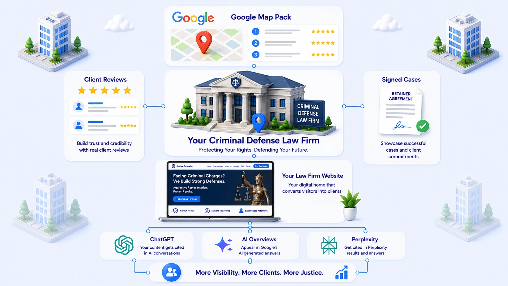 A criminal defense law firm at the centre of a city block, connected outward to the Google map pack above it, client reviews on one side and signed cases on the other, and below to its own website, which in turn feeds ChatGPT, Google AI Overviews and Perplexity, ending in more visibility, more clients and more justice