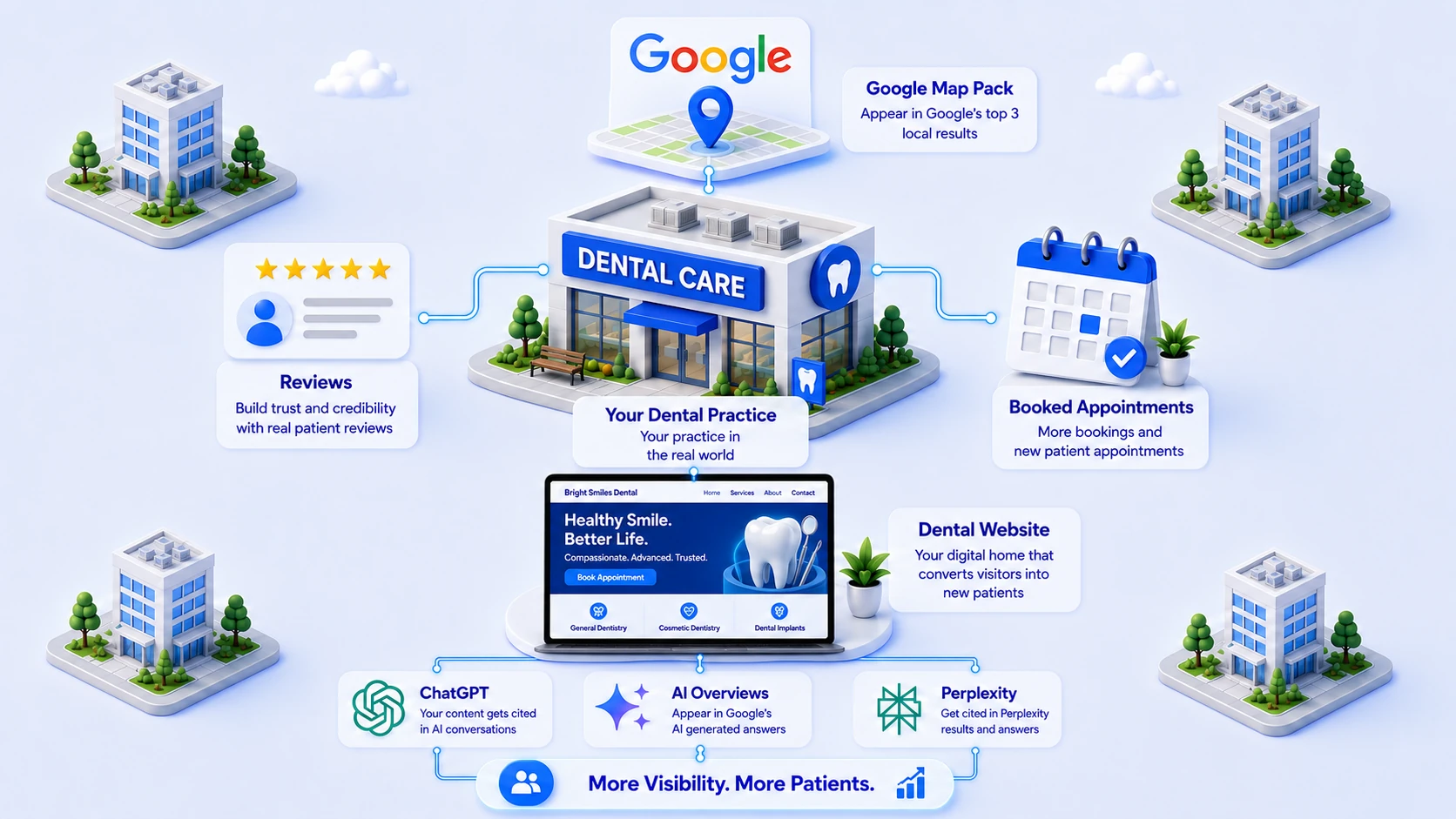A dental practice at the centre of a city block, connected outward to the Google map pack above it, patient reviews on one side and booked appointments on the other, and below to its own website, which in turn feeds ChatGPT, Google AI Overviews and Perplexity