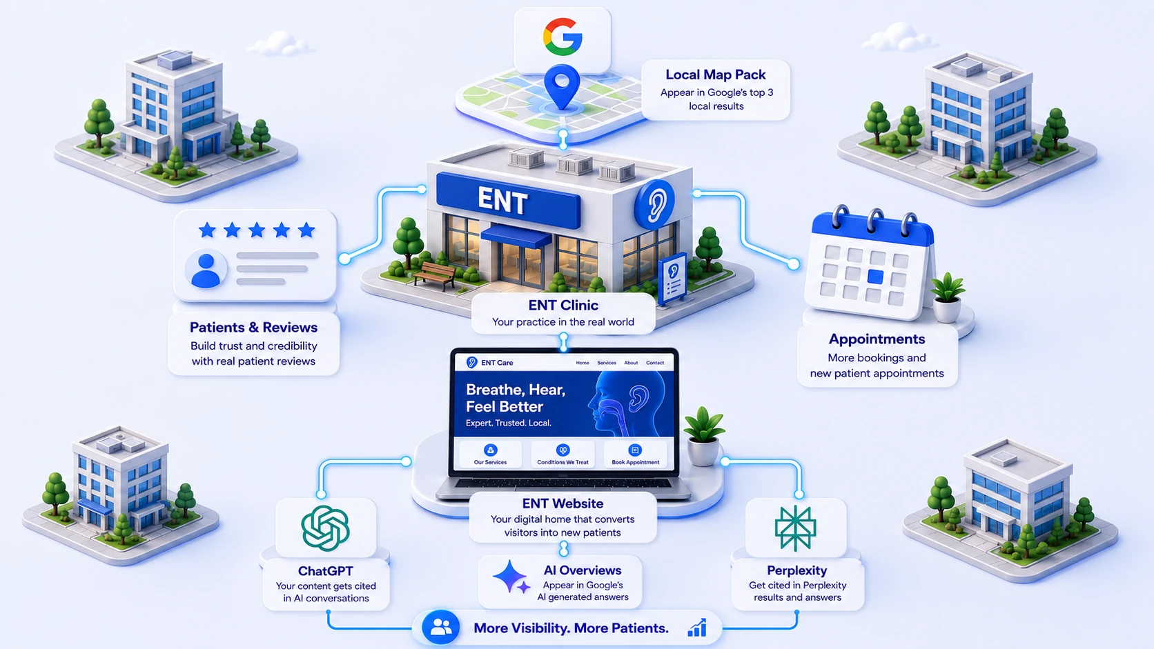 An ENT clinic at the centre of a city block, connected outward to the Google map pack above it, patient reviews on one side and booked appointments on the other, and below to its own website, which in turn feeds ChatGPT, Google AI Overviews and Perplexity