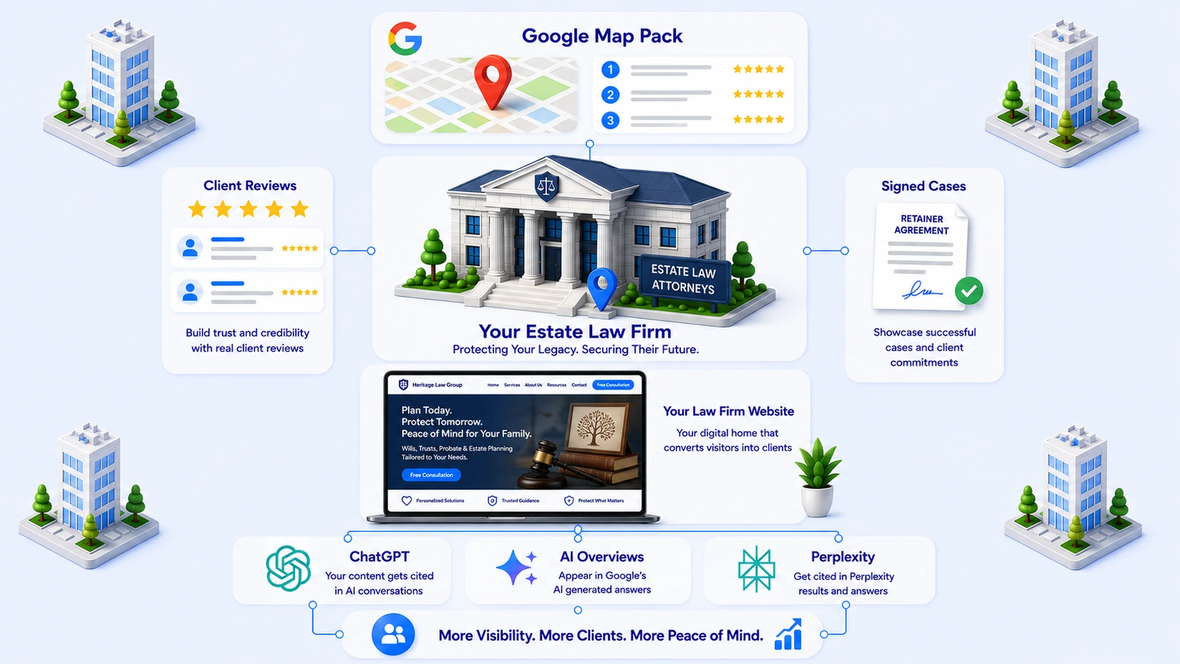 An estate law firm at the centre of a city block, connected outward to the Google map pack above it, client reviews on one side and signed cases on the other, and below to its own website, which in turn feeds ChatGPT, Google AI Overviews and Perplexity, ending in more visibility, more clients and more peace of mind for the firm