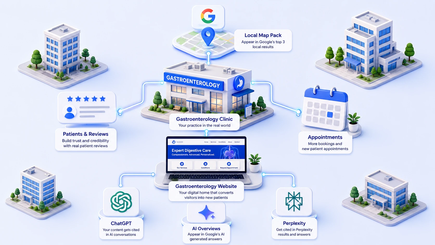 A gastroenterology clinic at the centre of a city block, connected outward to the Google map pack above it, patient reviews on one side and booked appointments on the other, and below to its own website, which in turn feeds ChatGPT, Google AI Overviews and Perplexity