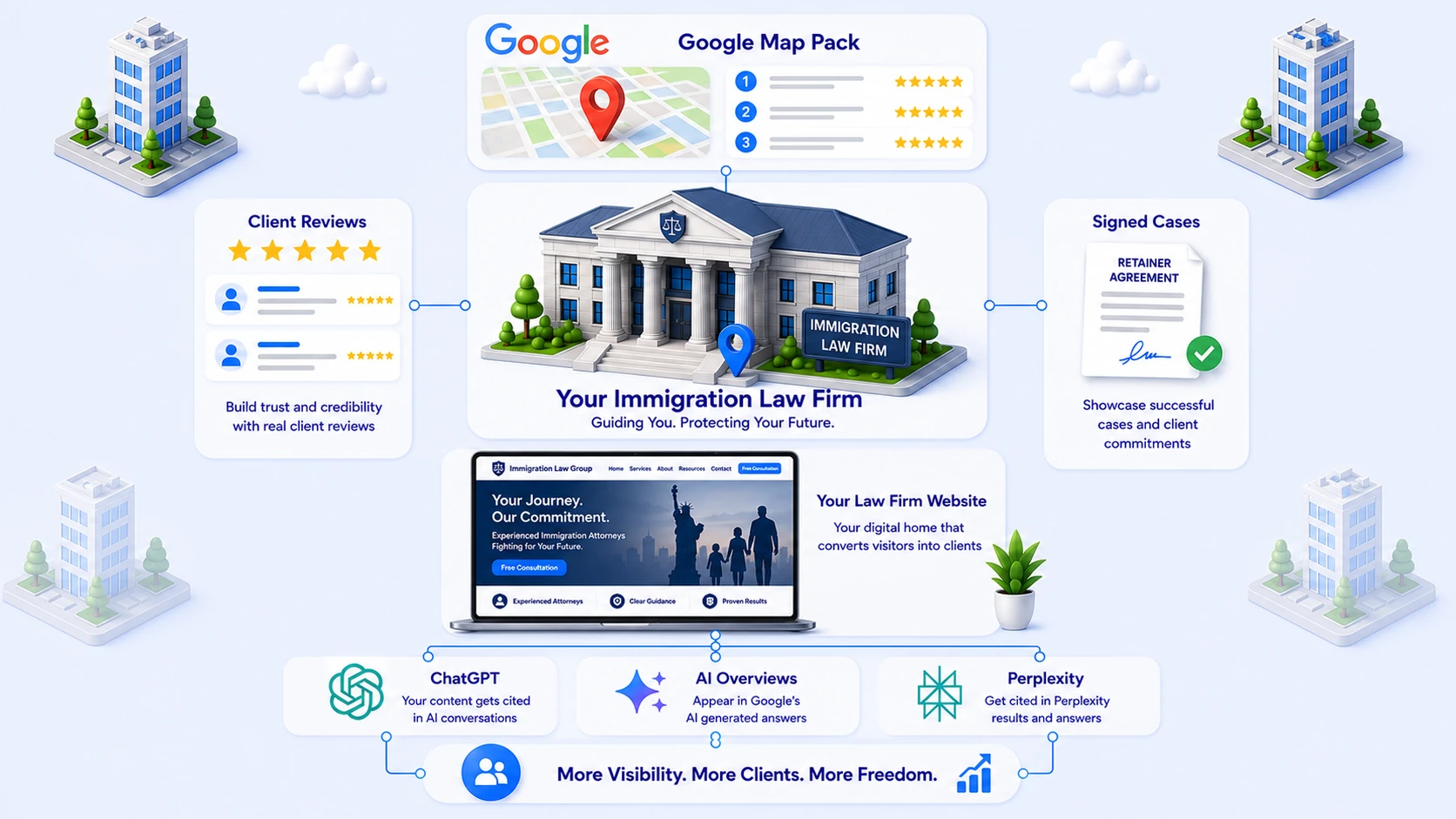 An immigration law firm at the centre of a city block, connected outward to the Google map pack above it, client reviews on one side and signed cases on the other, and below to its own website, which in turn feeds ChatGPT, Google AI Overviews and Perplexity, ending in more visibility, more clients and more freedom for the firm
