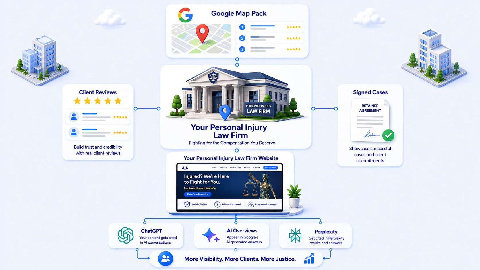 A personal injury law firm at the centre of a city block, connected outward to the Google map pack above it, client reviews on one side and signed cases on the other, and below to its own website, which in turn feeds ChatGPT, Google AI Overviews and Perplexity