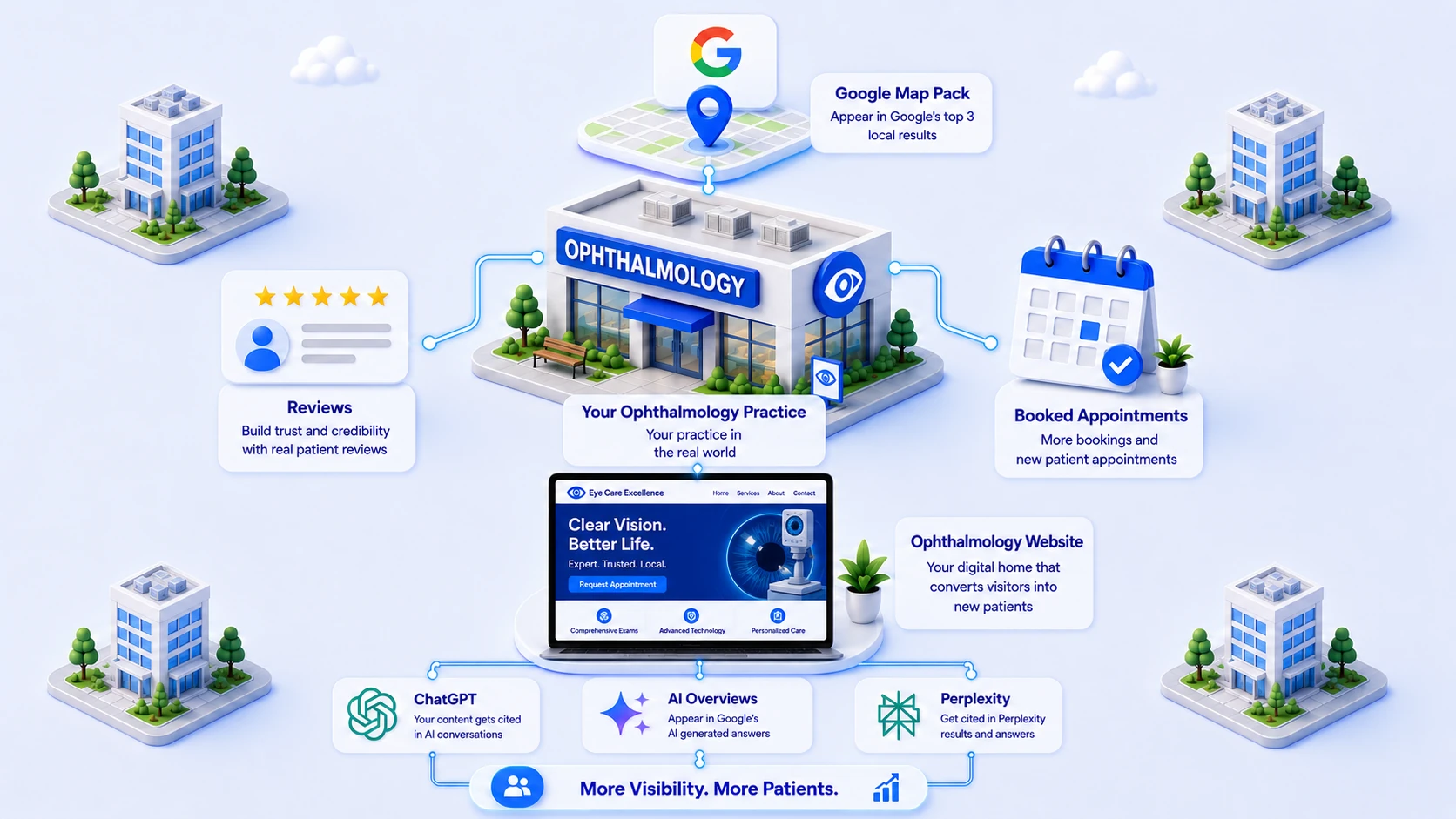 An eye practice at the centre of a city block, connected outward to the Google map pack above it, patient reviews on one side and booked appointments on the other, and below to its own website, which in turn feeds ChatGPT, Google AI Overviews and Perplexity