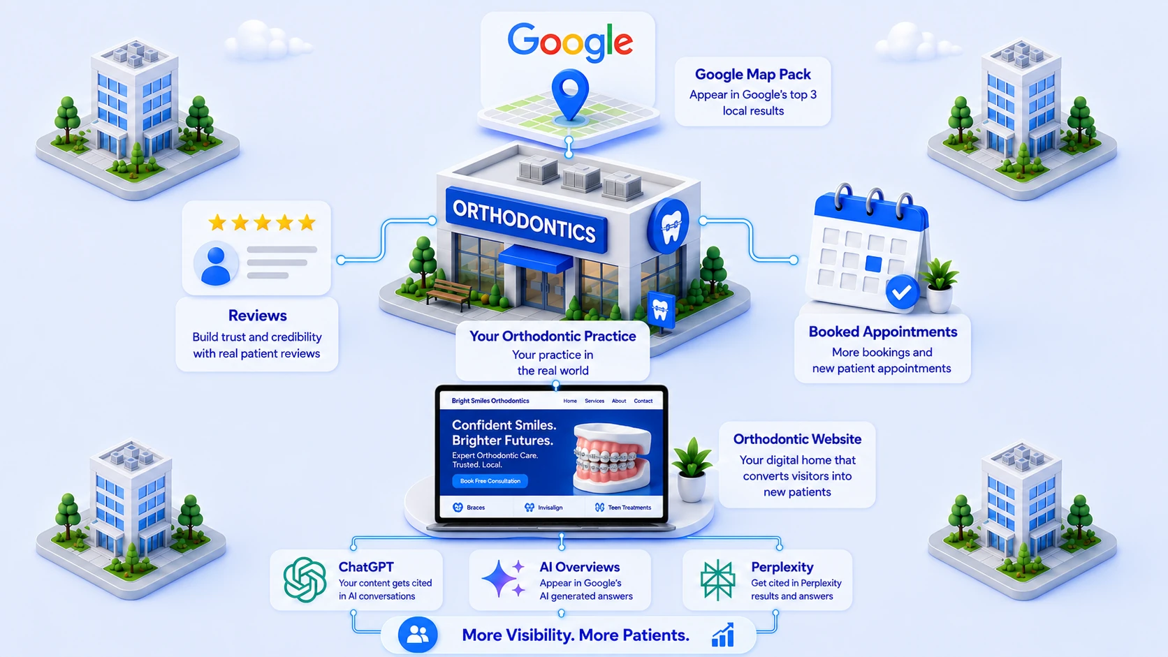 An orthodontic practice at the centre of a city block, connected outward to the Google map pack above it, patient reviews on one side and booked appointments on the other, and below to its own website, which in turn feeds ChatGPT, Google AI Overviews and Perplexity