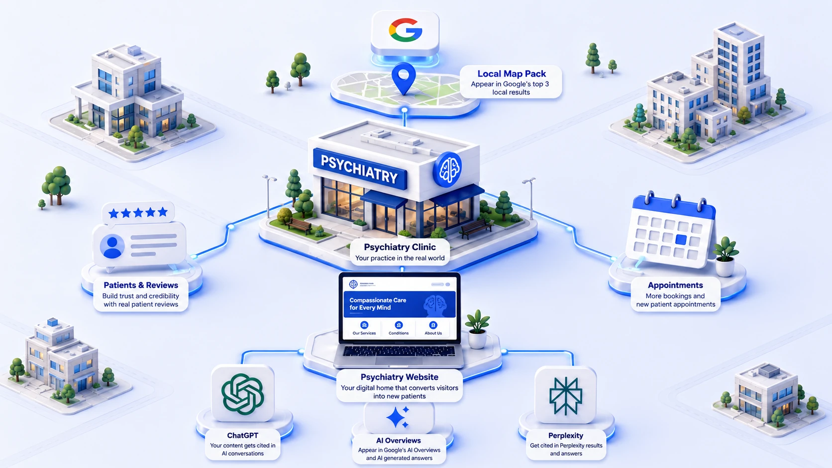 A psychiatry clinic at the centre of a city block, connected outward to the Google map pack above it, patient reviews on one side and booked appointments on the other, and below to its own website, which in turn feeds ChatGPT, Google AI Overviews and Perplexity