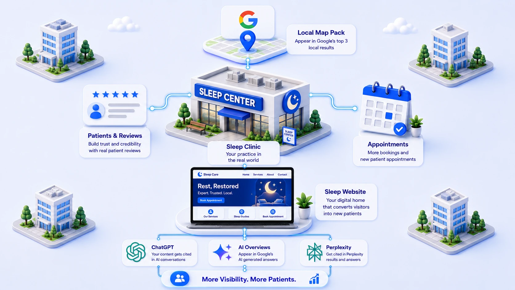 A sleep clinic at the centre of a city block, connected outward to the Google map pack above it, patient reviews on one side and booked appointments on the other, and below to its own website, which in turn feeds ChatGPT, Google AI Overviews and Perplexity