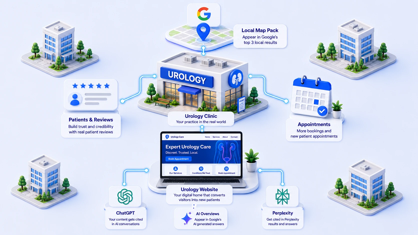 A urology clinic at the centre of a city block, connected outward to the Google map pack above it, patient reviews on one side and booked appointments on the other, and below to its own website, which in turn feeds ChatGPT, Google AI Overviews and Perplexity