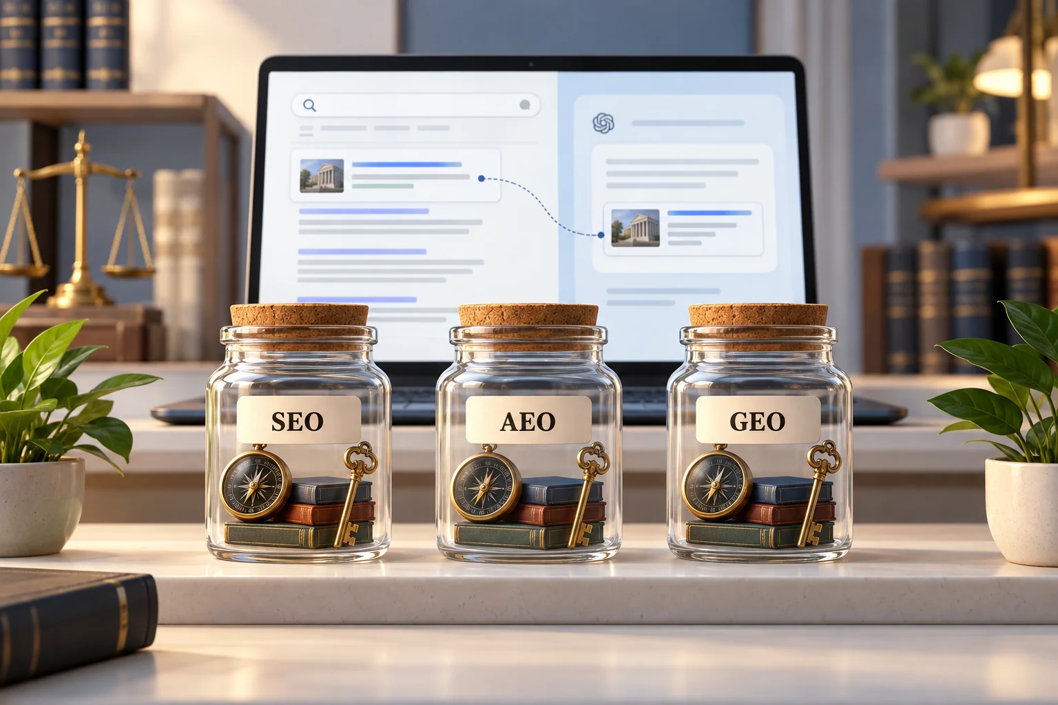 Three identical glass jars labeled SEO, AEO and GEO, each holding the same compass, books and key, in front of a laptop where a search result and an AI answer point to the same law firm page.