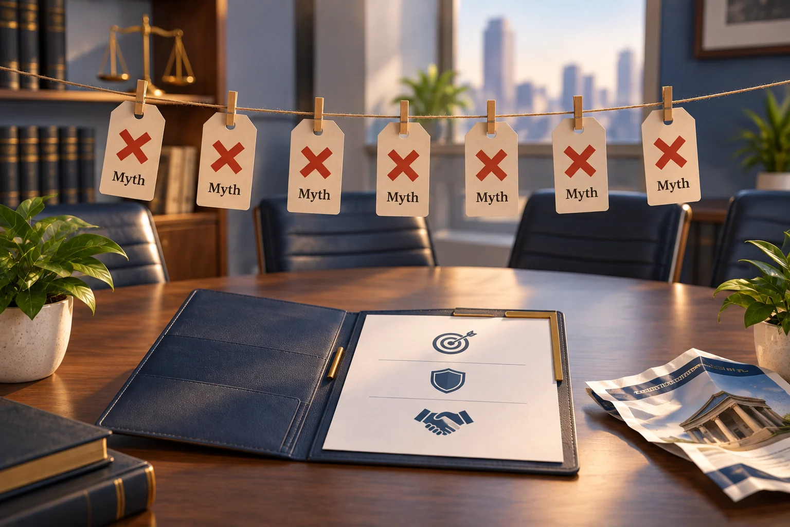 Seven paper tags marked Myth with red crosses hang over a conference table, above an open folder showing a target, a shield and a handshake beside a crumpled sales brochure.