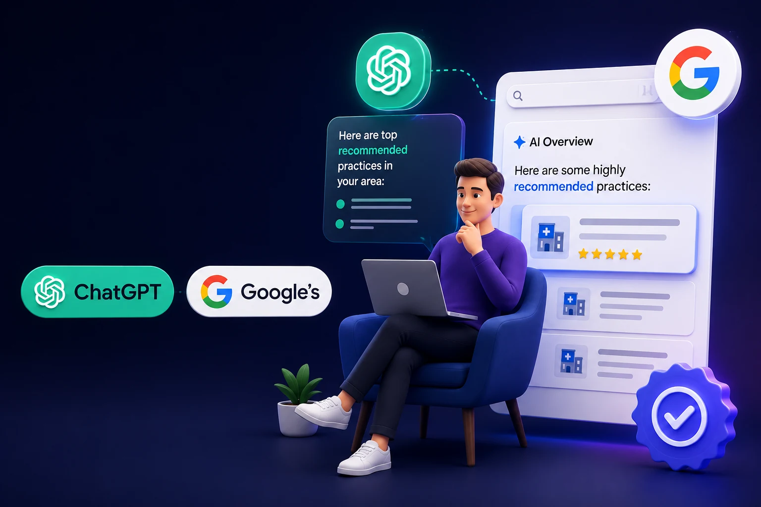 3D illustration of a person relaxing in an armchair with a laptop while ChatGPT and Google logos float above answer panels that recommend top practices, with a verified check badge.