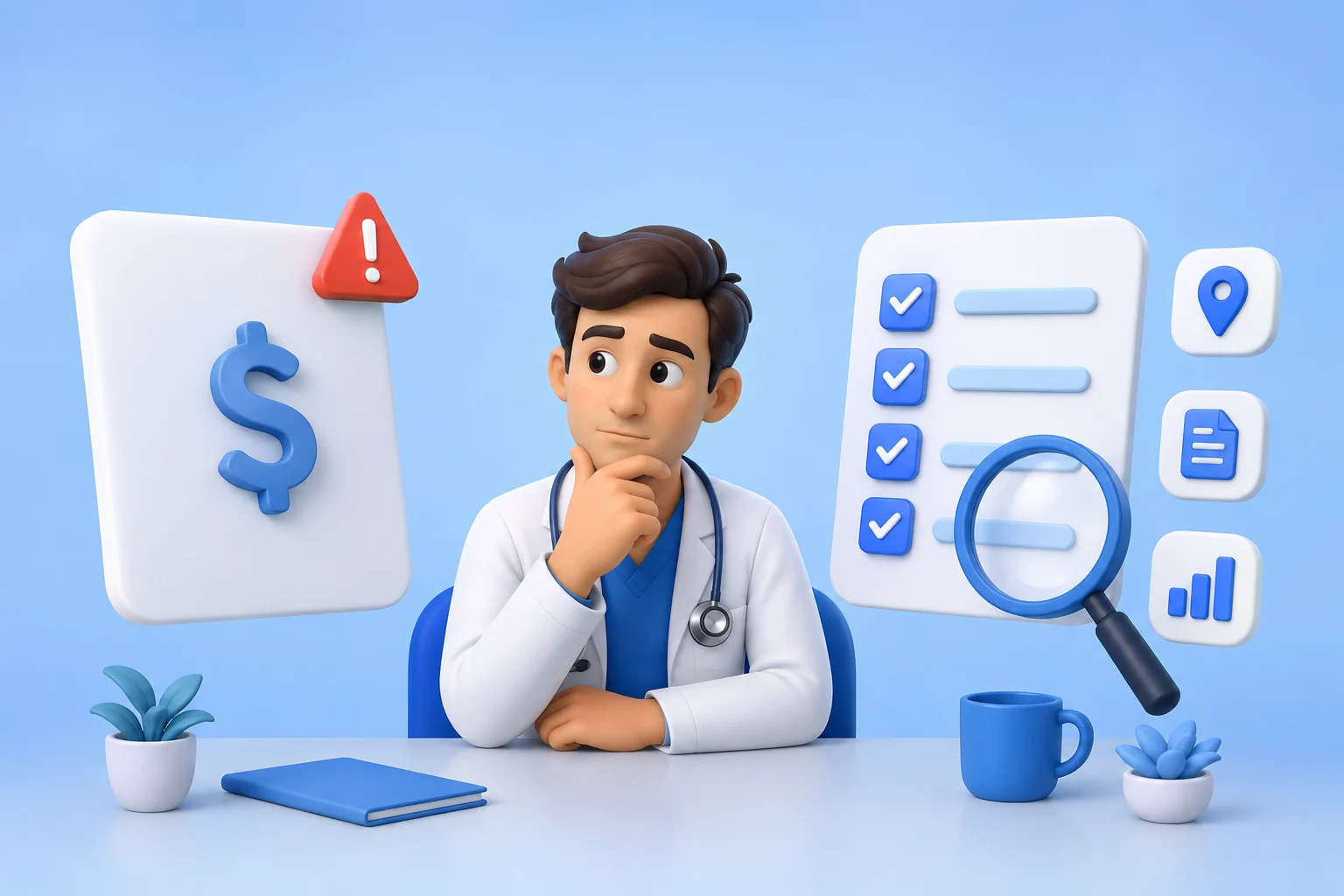 3D illustration of a doctor in a white coat and stethoscope sitting at a desk, chin resting on one hand, weighing up two floating SEO proposals. The card on the left shows nothing but a large dollar sign with a red warning triangle above it. The card on the right is a checklist of four ticked blue boxes with a magnifying glass held over it, next to small tiles for a map pin, a document and a bar chart.
