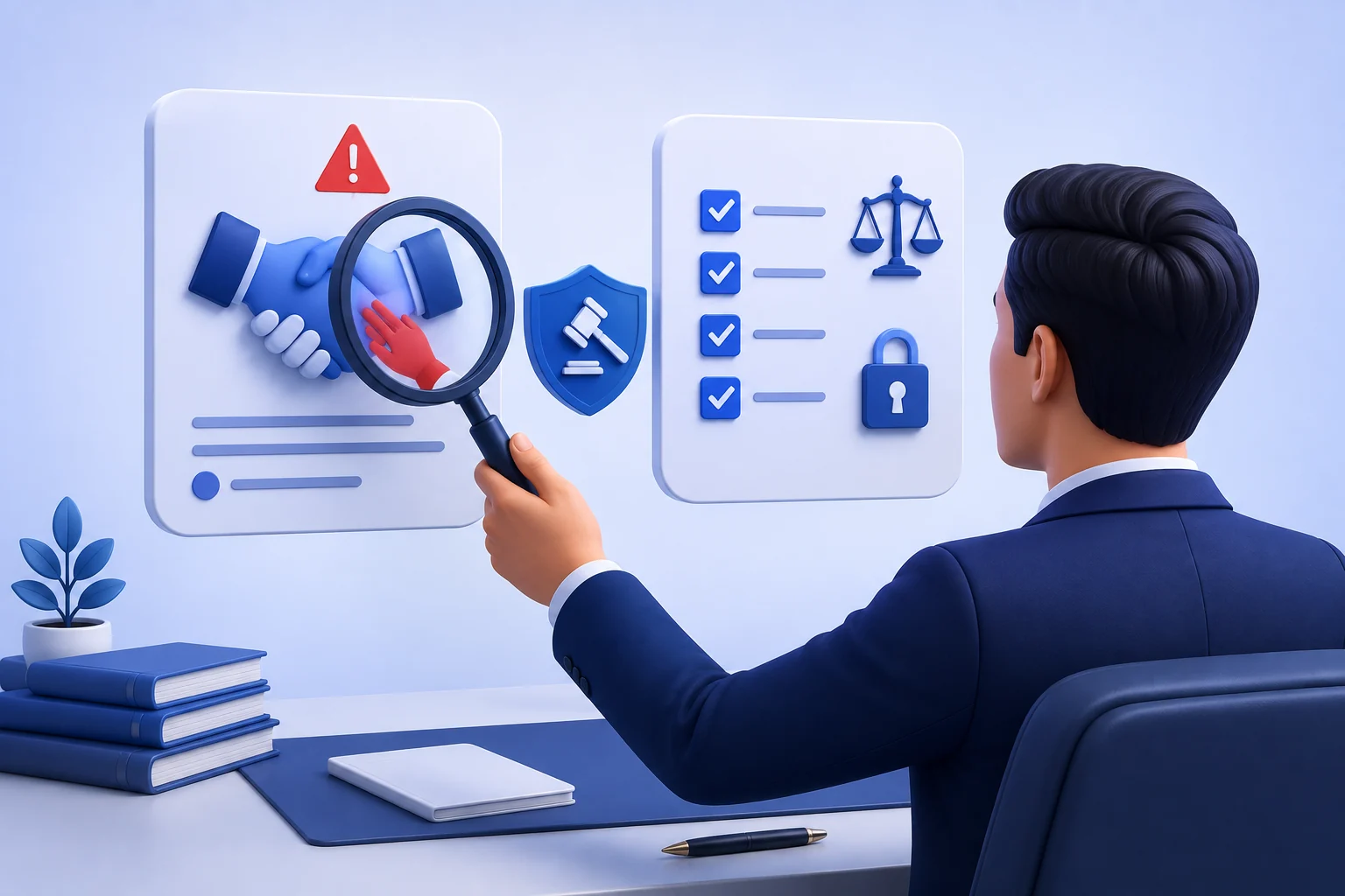 3D illustration of a man in a navy suit seen from behind at his desk, holding a magnifying glass up to two floating cards. On the left card two blue hands shake, and through the lens a third hand, in red, is revealed joining the grip, with a red warning triangle above it. Between the cards sits a blue shield bearing a gavel. The right card carries four ticked blue checkboxes beside a balance scale and a padlock. On the desk are a stack of blue law books, a small potted plant, a closed white notebook and a pen.