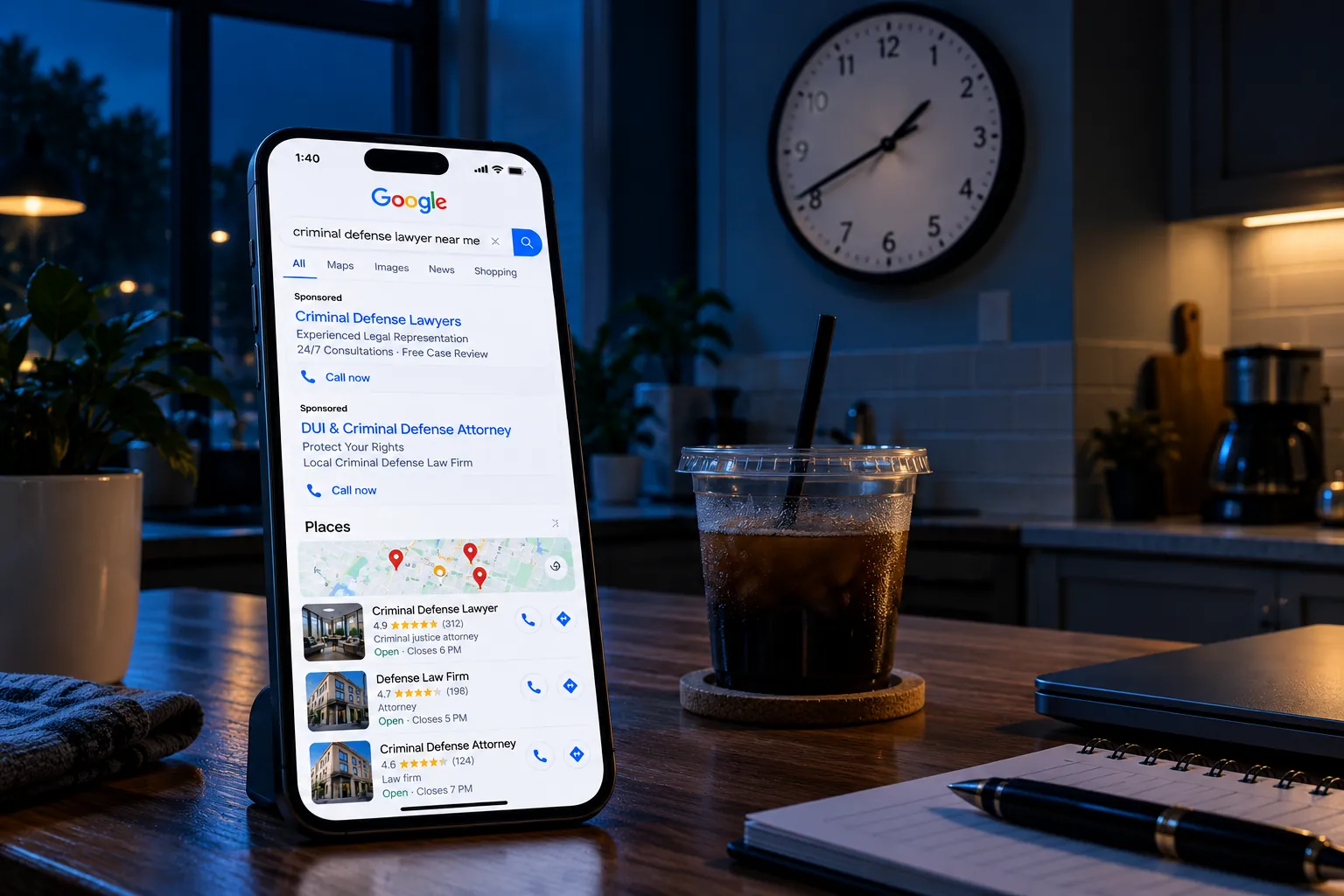 A phone on a dark kitchen table at night showing sponsored ads and map results for a Google search for criminal defense lawyer near me, next to an iced coffee, with a wall clock reading 1:40.
