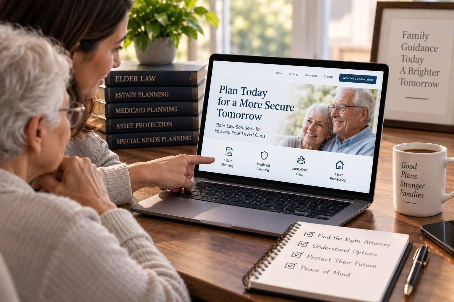 An adult daughter leans over her mother's shoulder at a kitchen table and points at the laptop screen, driving the search while her mother watches. The page reads Plan Today for a More Secure Tomorrow, with four icons for estate planning, Medicaid planning, long-term care and asset protection. Books behind them read Elder Law, Estate Planning, Medicaid Planning, Asset Protection and Special Needs Planning. The notepad beside the laptop ticks Find the Right Attorney, Understand Options, Protect Their Future and Peace of Mind, written from the daughter's side rather than the client's.
