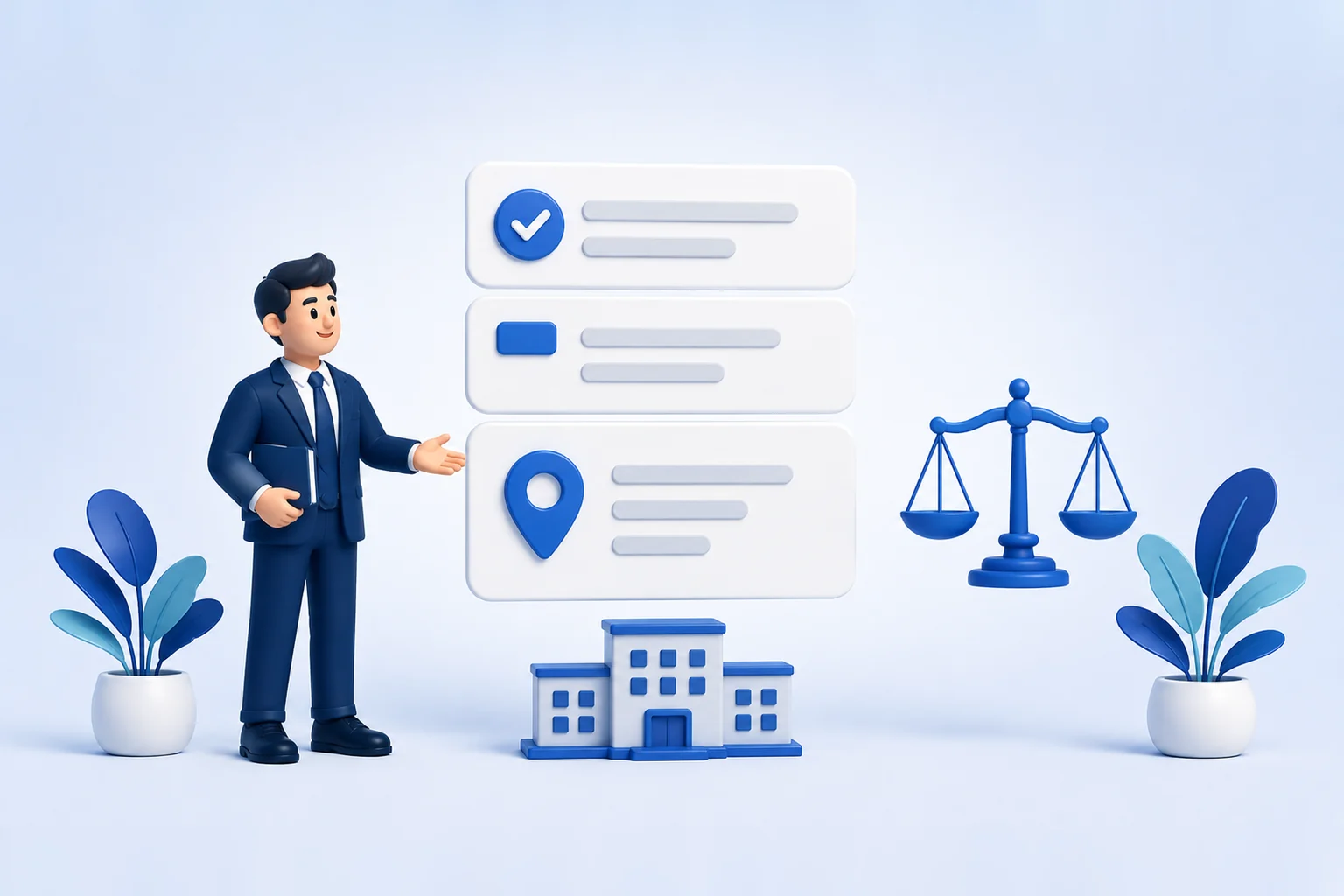 3D illustration of a search results screen rendered as three stacked white cards. The top card carries a blue verified checkmark, the middle card is labeled with a small blue ad tag, and the bottom card shows a blue map pin with three listing rows beside it. A lawyer in a navy suit stands to the left of the stack with one hand raised toward the bottom card, and a set of blue scales of justice floats to the right of the stack. A small blue office building sits at the base of the cards. Two potted plants with stylized blue leaves sit in the lower corners.