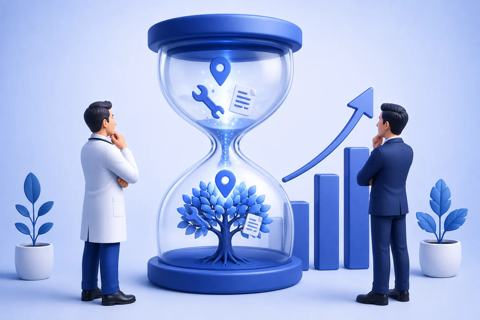 3D illustration of a tall blue hourglass on a round base. In the upper bulb a map pin, a wrench and a document float above sand that streams through the neck as glowing particles. In the lower bulb those same icons have settled into a blue tree in full leaf, roots spread across the glass floor, with the map pin glowing at its center. To the right, three blue bars climb in steps under a curved arrow rising past the hourglass. A doctor in a white coat stands on the left and a man in a navy suit on the right, both with a hand at the chin, watching it. Two potted plants with stylized blue leaves frame the scene.