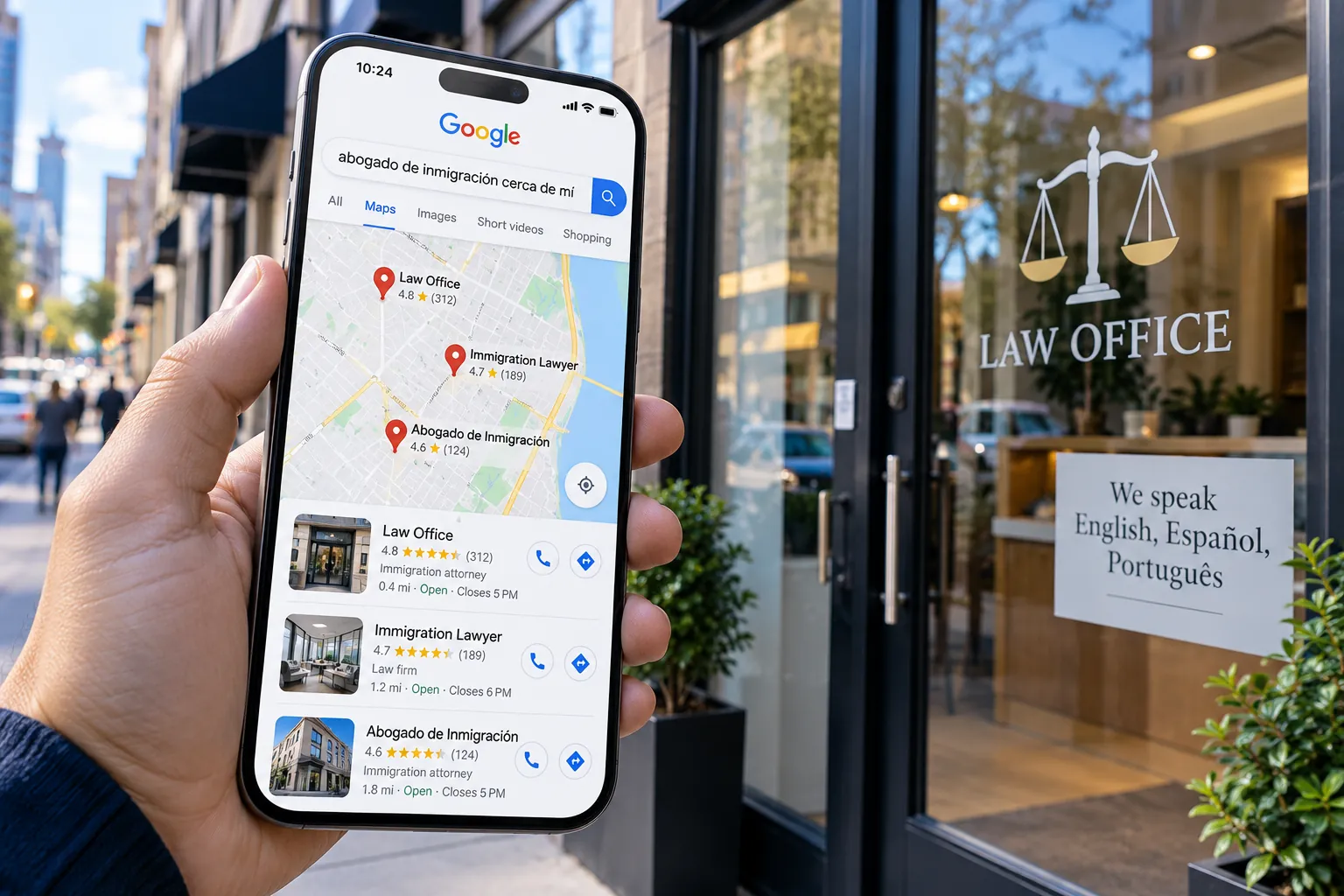 A hand holding a phone on a city street, showing Google Maps results for the Spanish search abogado de inmigración cerca de mí, in front of a law office door with a sign reading We speak English, Español, Português.