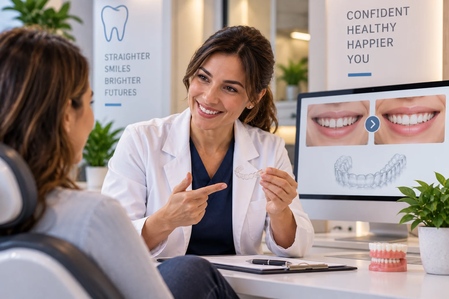 A smiling orthodontist in a white coat holds up a clear aligner and points to it while talking with an adult patient in the chair, seen from behind. A monitor beside her shows a before and after pair of smiles, crowded teeth on the left and a straight smile on the right, above an image of a clear aligner tray. A teeth model sits on the desk next to a clipboard, and wall signs read Straighter smiles brighter futures and Confident healthy happier you, showing the consultation where a specialist explains what treatment will actually change.