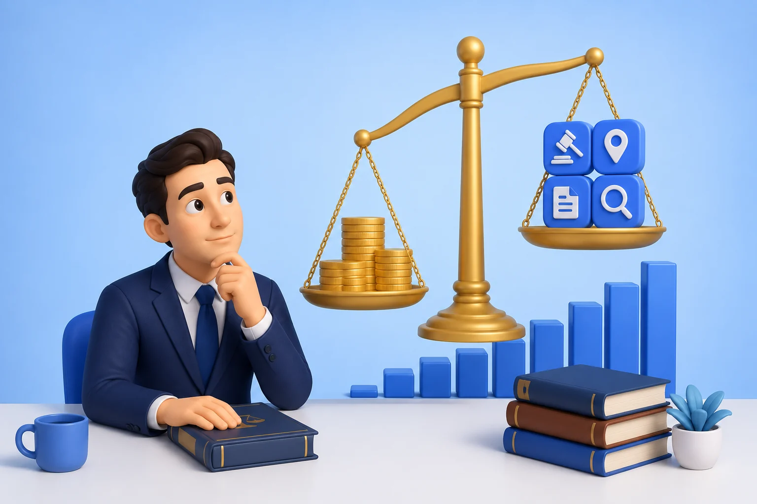 3D illustration of a lawyer in a navy suit at a desk, one hand on a closed law book and chin resting on the other, looking up at a large golden balance scale. The pan on the left sits low under stacks of gold coins. The raised pan on the right holds four blue tiles marked with a gavel, a map pin, a document and a magnifying glass. A blue bar chart climbs behind the scale, beside a stack of law books.