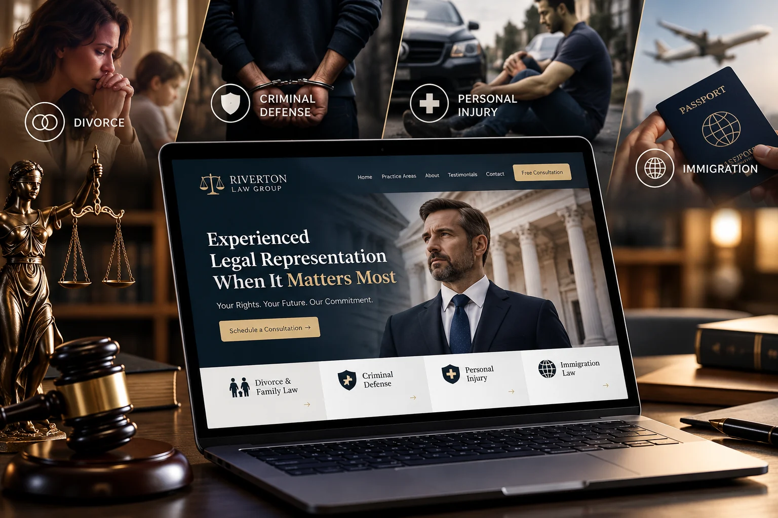 A laptop on a lawyer's desk showing a law firm website with tiles for divorce and family law, criminal defense, personal injury and immigration law, framed by photos for each practice area, with a bronze scales of justice statue and a gavel beside it.