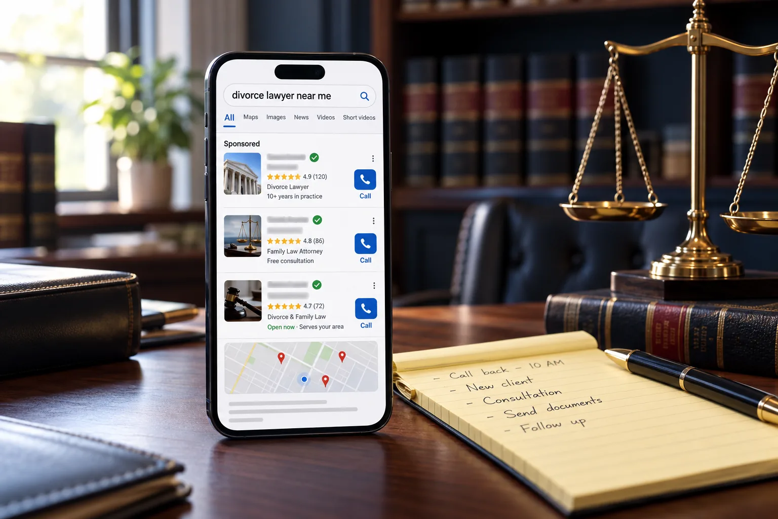 A phone on a law office desk showing a Google search for divorce lawyer near me with three sponsored lawyer listings at the top, each with a green check badge, a star rating, a call button and a small map below, next to a yellow legal pad of handwritten call notes, a fountain pen, brass scales of justice and law books.