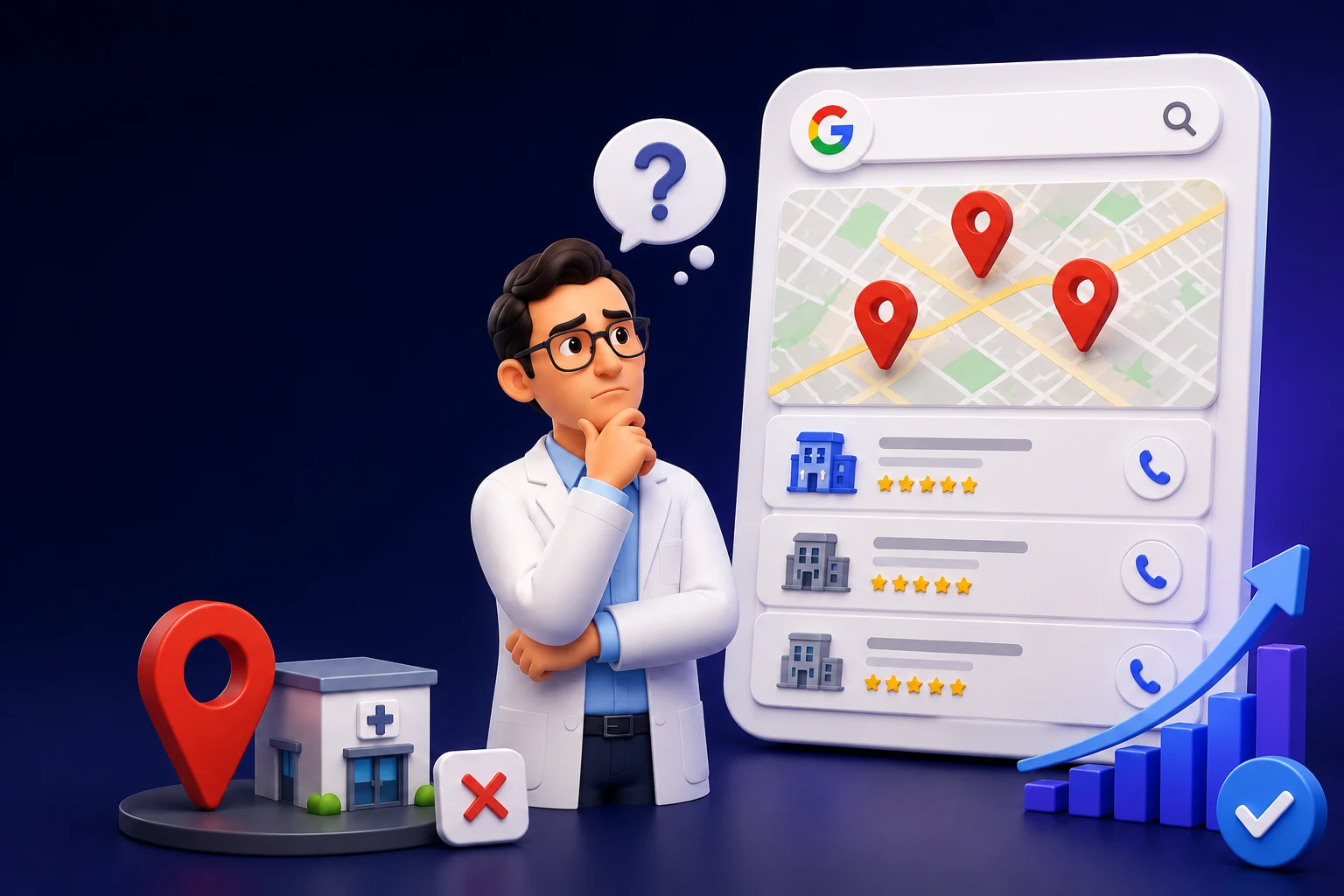 3D illustration of a doctor in a white coat looking puzzled at a giant phone showing a Google map pack of three ranked practices with star ratings and call buttons, next to a rising growth chart.