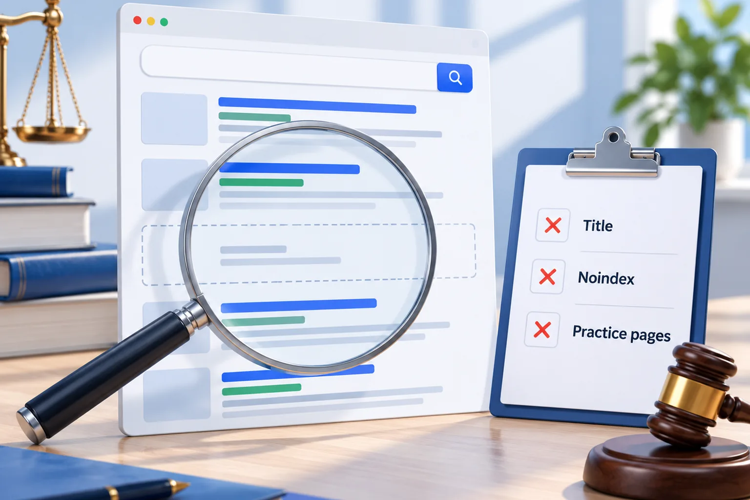 A magnifying glass over a search results page with an empty dashed slot where a law firm's listing should be, beside a clipboard with Title, Noindex and Practice pages crossed out in red and a wooden gavel.