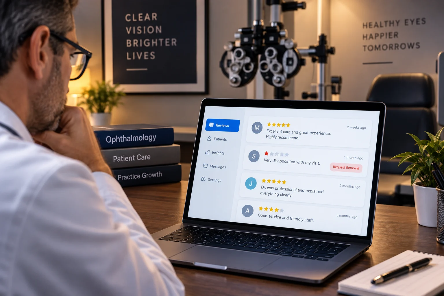 An ophthalmologist in a white coat, seen from behind, studies a reviews dashboard on his laptop. Four reviews are open: a recent five-star saying excellent care and great experience, a one-star from a month ago saying very disappointed with my visit, with a red Request Removal button beside that row only, then a five-star praising a clear explanation and a four-star mentioning friendly staff. A phoropter stands behind him, books read Ophthalmology, Patient Care and Practice Growth, and wall prints read Clear Vision Brighter Lives and Healthy Eyes Happier Tomorrows.