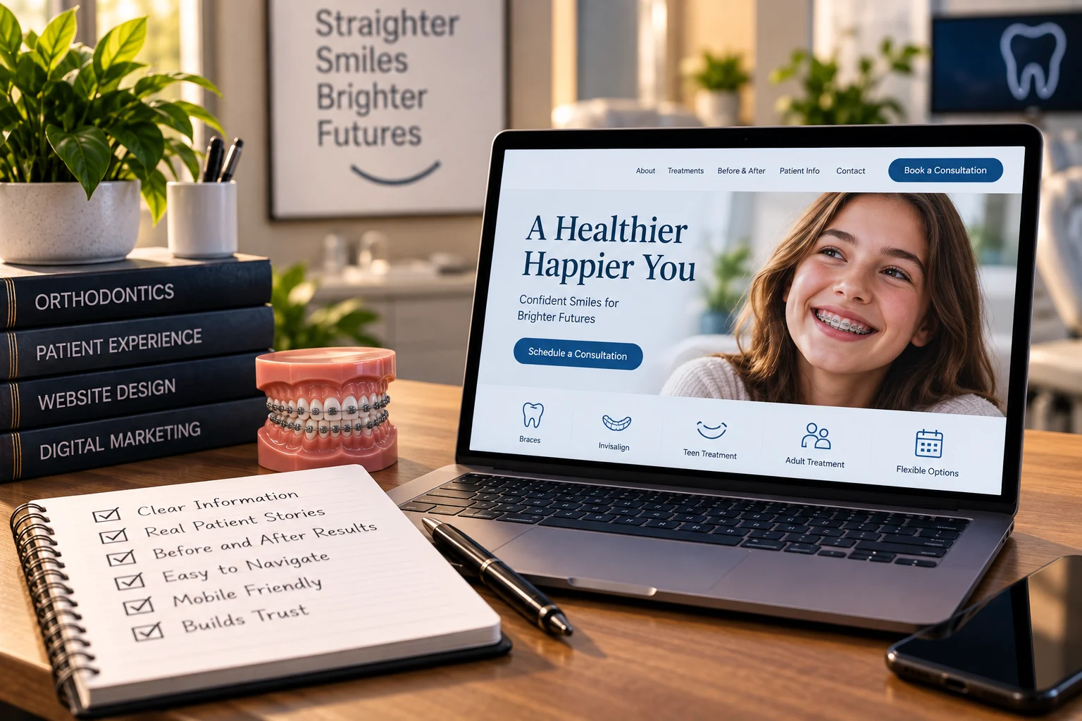 A laptop shows an orthodontic homepage headed A Healthier Happier You, with a photograph of a smiling teenager in braces, a booking button in the top corner, a second one in the body, and five icons along the bottom reading Braces, Invisalign, Teen Treatment, Adult Treatment and Flexible Options, which is the site speaking to the parent and the adult patient at once. A model of the teeth fitted with braces stands beside it, books read Orthodontics, Patient Experience, Website Design and Digital Marketing, and a notepad ticks Clear Information, Real Patient Stories, Before and After Results, Easy to Navigate, Mobile Friendly and Builds Trust.