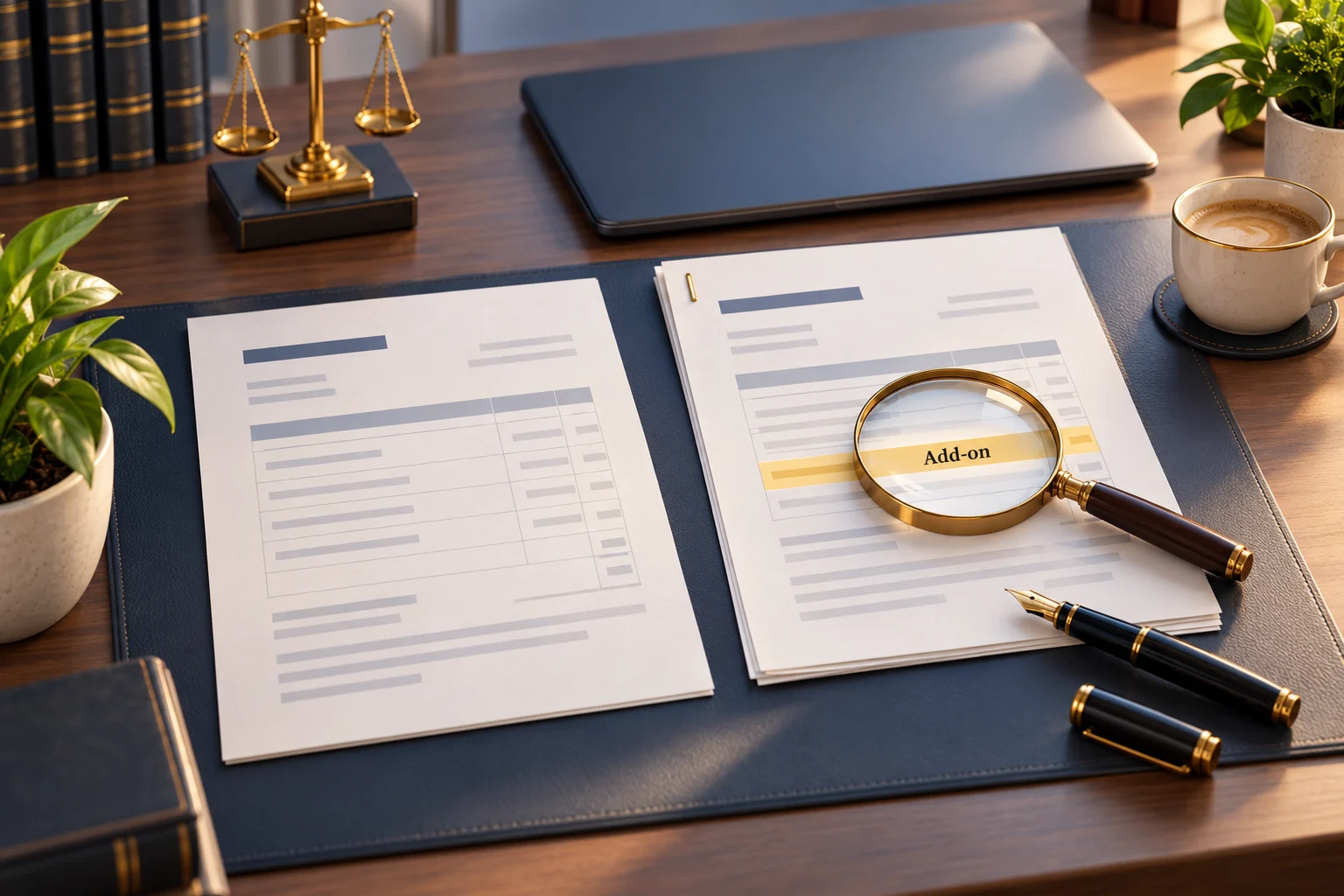 Two invoices side by side on a lawyer's desk, the second one with an extra Add-on line highlighted in yellow under a magnifying glass, next to a fountain pen.