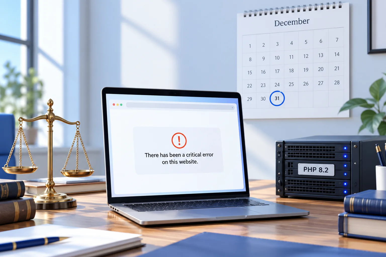 A laptop on a law office desk showing the WordPress message "There has been a critical error on this website", with a December calendar on the wall with the 31st circled, a server labeled PHP 8.2 and a brass scale of justice.
