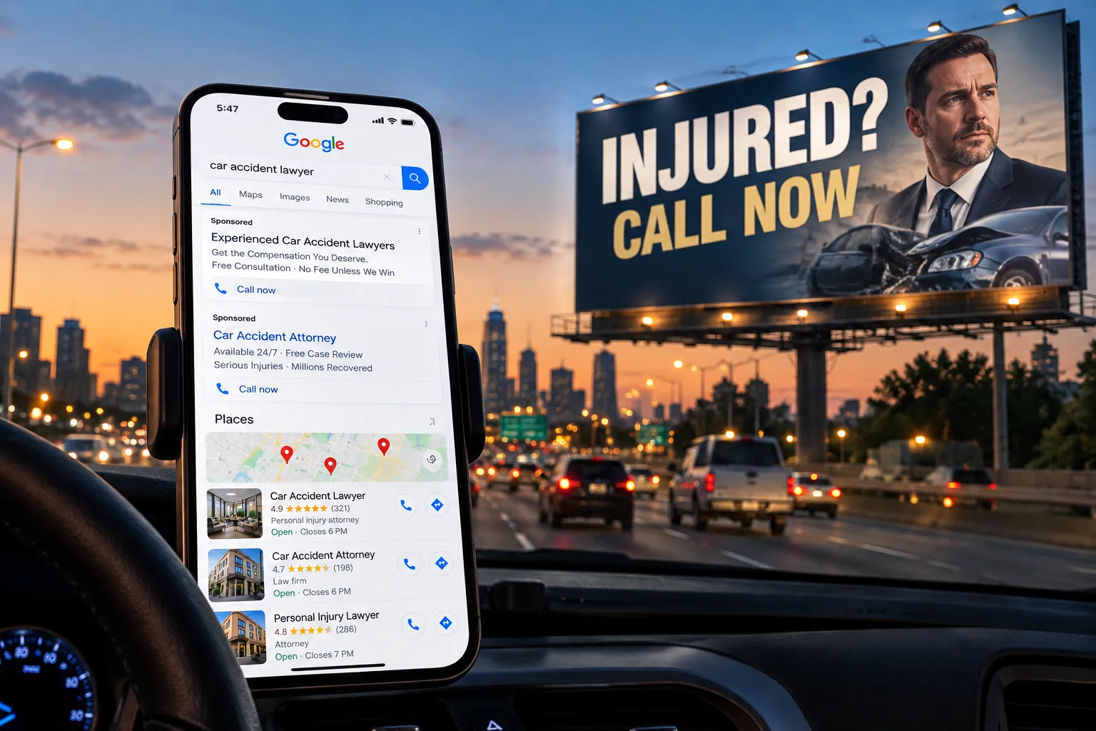A highway billboard at dusk reading Injured? Call now above a damaged car, seen from a driver's seat where a dashboard-mounted phone shows sponsored Google ads and map results for car accident lawyer.