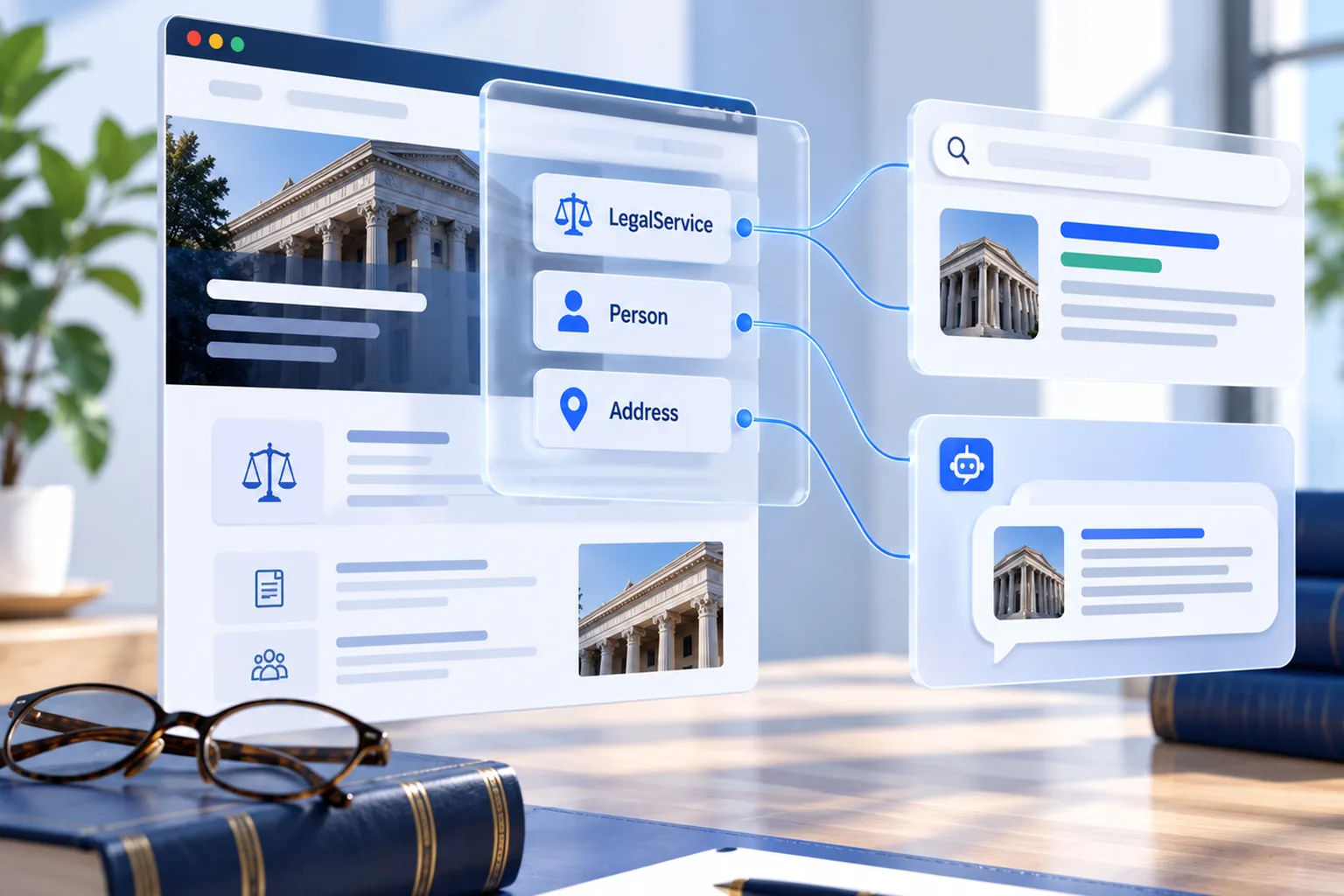 A law firm web page with a glass layer of schema labels for LegalService, Person and Address, connected by blue lines to a search result card and an AI chat answer, with reading glasses on a law book in front.
