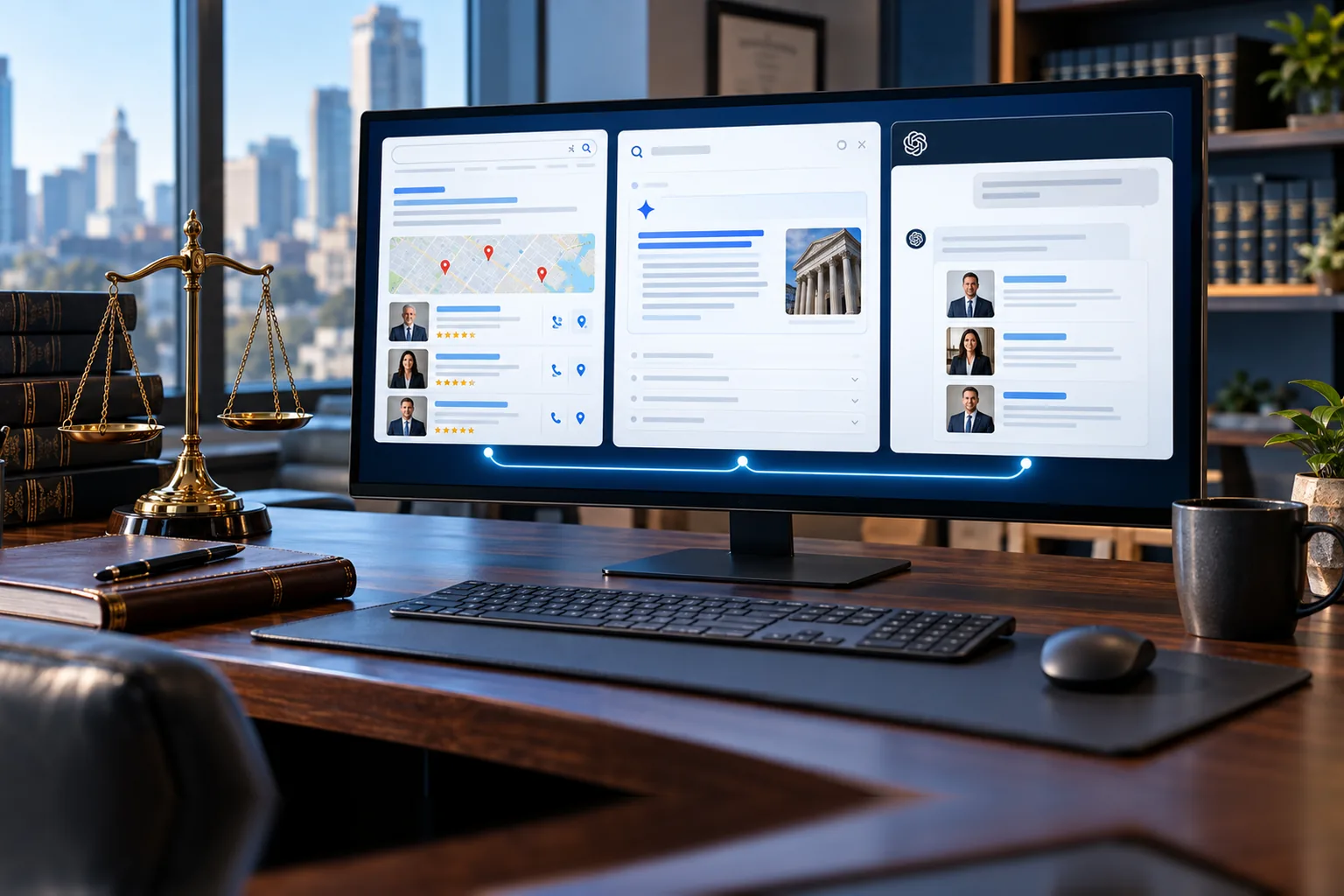 A monitor on a law office desk showing three panels joined by a glowing blue line: Google search results with a map pack and three lawyer listings with star ratings, a Google AI answer with a courthouse photo, and a ChatGPT answer recommending three lawyers, beside brass scales of justice, law books and a leather notebook, with a city skyline in the window.