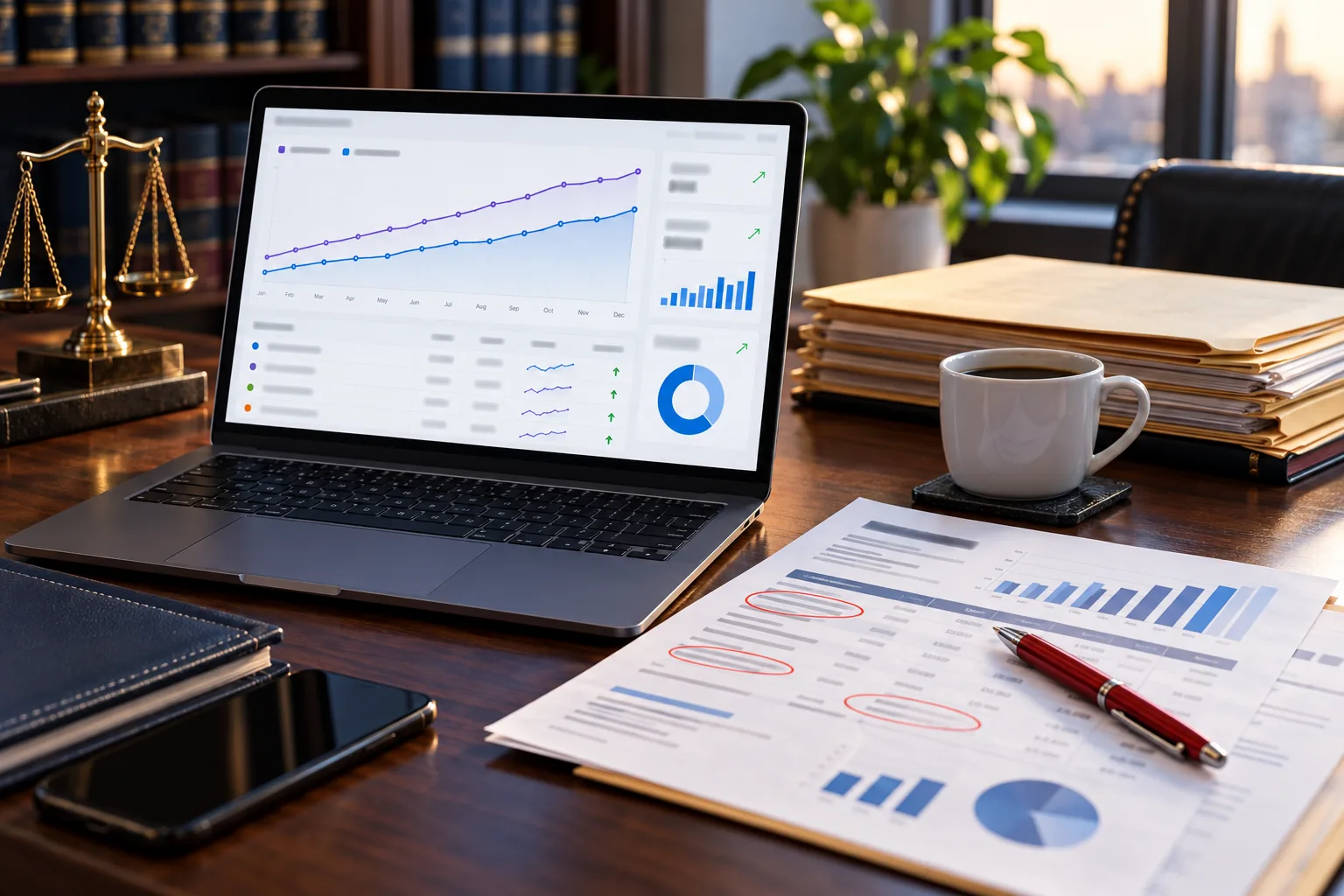 A law firm owner's desk with a laptop showing a search dashboard where two lines for clicks and impressions rise from January to December, a printed agency report with three rows circled in red and a red pen on it, a cup of coffee, a stack of manila case files and brass scales of justice by a window at sunset.