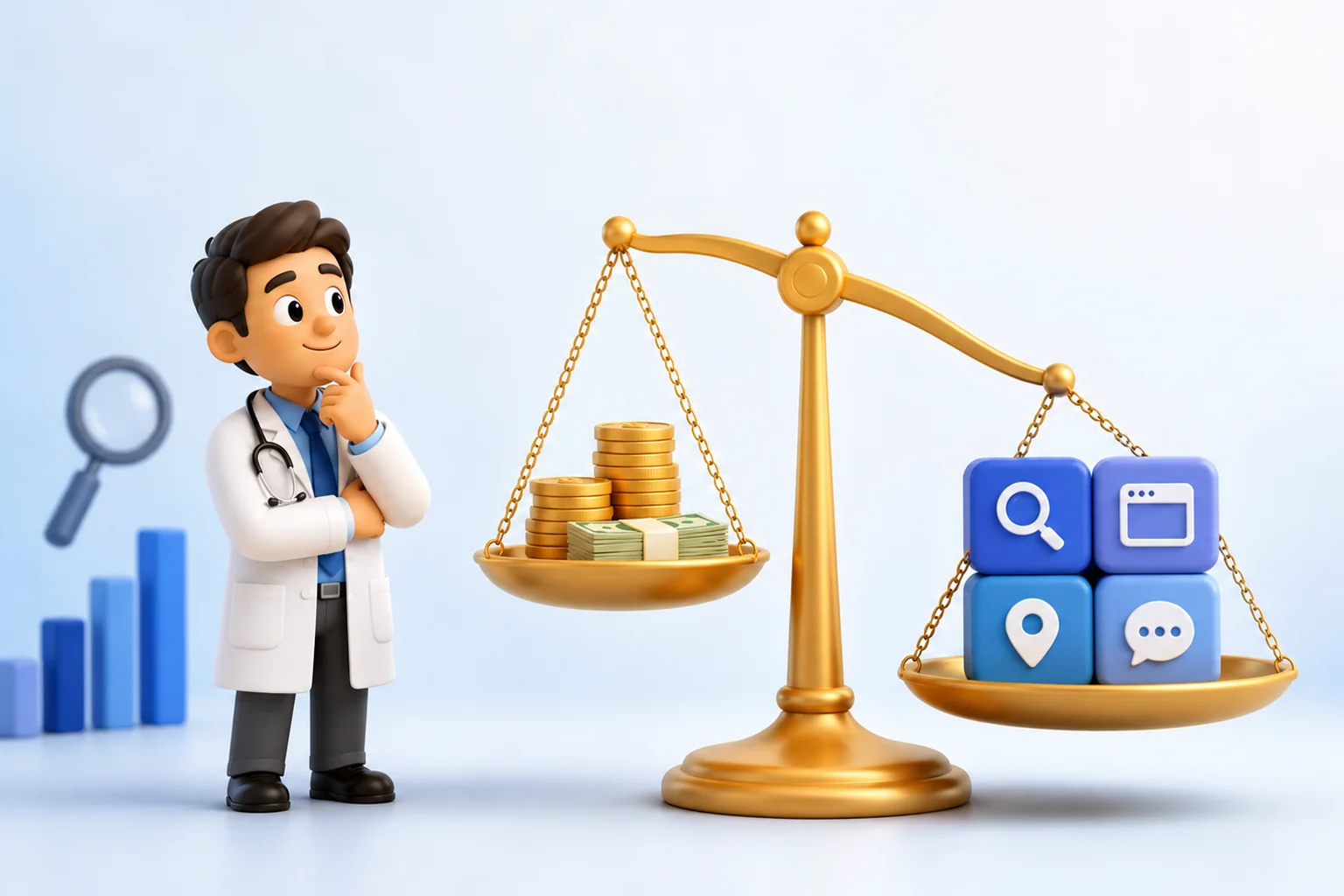 3D illustration of a friendly doctor in a white coat considering a golden balance scale. One pan holds a stack of gold coins and cash; the other, tipped lower under more weight, holds four rounded blue blocks marked with a search, browser, map pin and chat icon. A blue bar chart and a magnifying glass sit in the background.