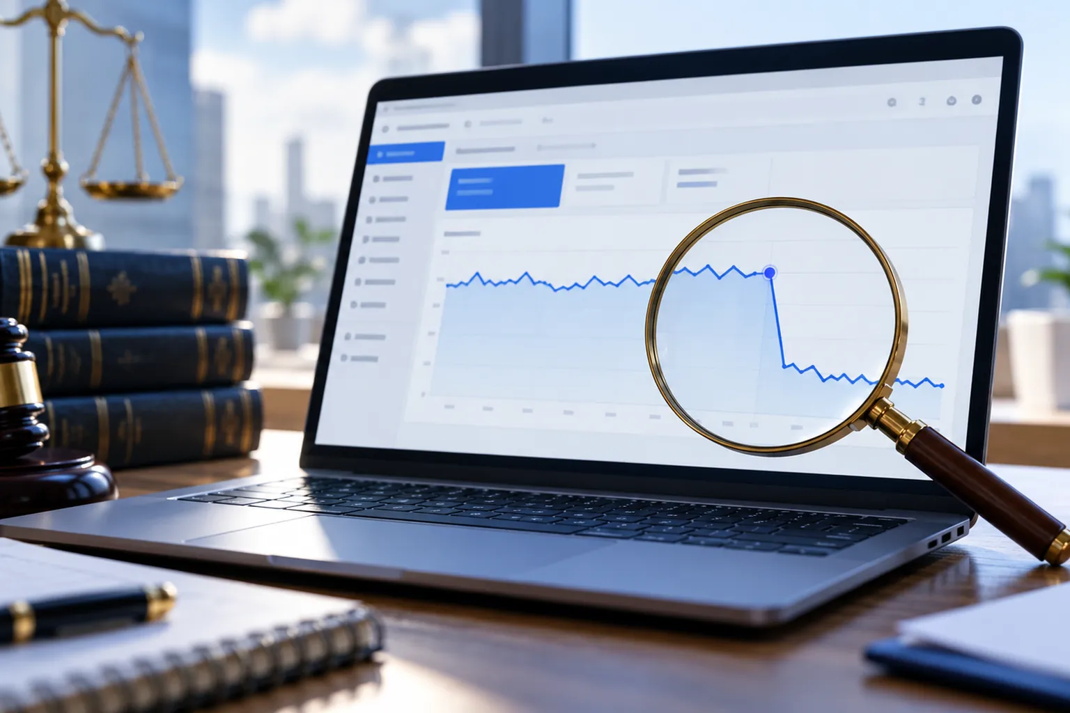 A laptop on a law office desk showing a search traffic chart that runs flat and then falls sharply on one date, with a brass magnifying glass held over the drop, beside law books, a gavel and scales of justice.
