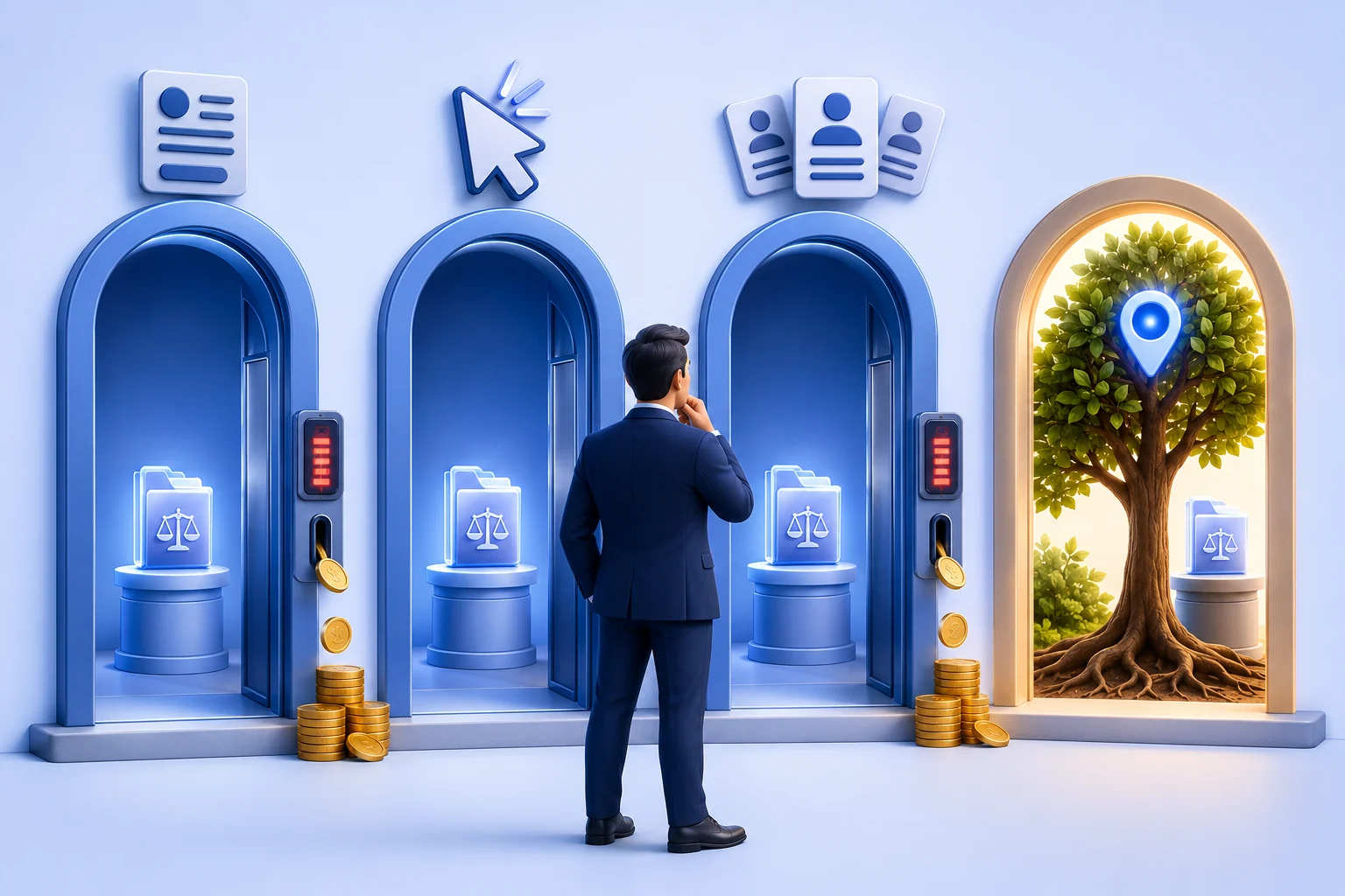 3D illustration of a lawyer in a navy suit, seen from behind with a hand at his chin, standing before four arched doorways that all lead to the same glowing case file marked with the scales of justice. The first three arches are blue and share two wall-mounted meters with red digital readouts and coin slots, gold coins stacking on the floor beneath them. A form card floats above the first arch, a cursor arrow mid-click above the second, and three identical contact cards fanned apart above the third. The fourth arch is warm and lit from within, with no meter and no coins, and holds a broad green tree with roots at the threshold and a blue map pin glowing in its branches.