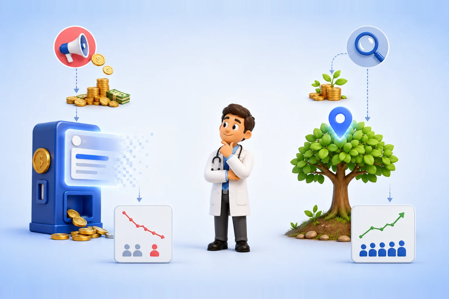 3D illustration comparing paid ads and SEO for a medical practice, with a doctor thinking in the center. On the left, coins and cash feed a vending machine dispensing a search-result card that pixelates and fades, above a red chart trending down to fewer patients. On the right, a magnifying glass and a coin-topped sprout feed a growing tree crowned with a blue map pin, above a green chart rising to more patients.