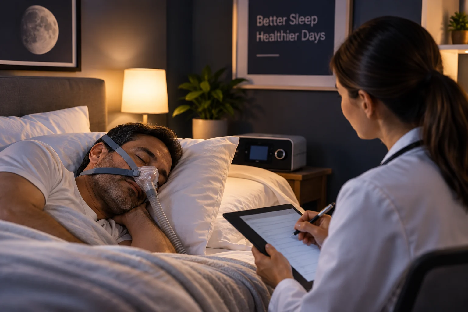 A man sleeps on his side in a dim bedroom wearing a nasal CPAP mask, the machine running quietly on the nightstand beside a lit lamp. A clinician in a white coat sits at the bedside with her back to the camera, writing notes on a tablet. On the wall behind them, a framed photograph of the moon and a dark poster reading Better Sleep Healthier Days. The scene is the diagnosed, monitored patient the clinic already has, rather than the person still searching at 2am.