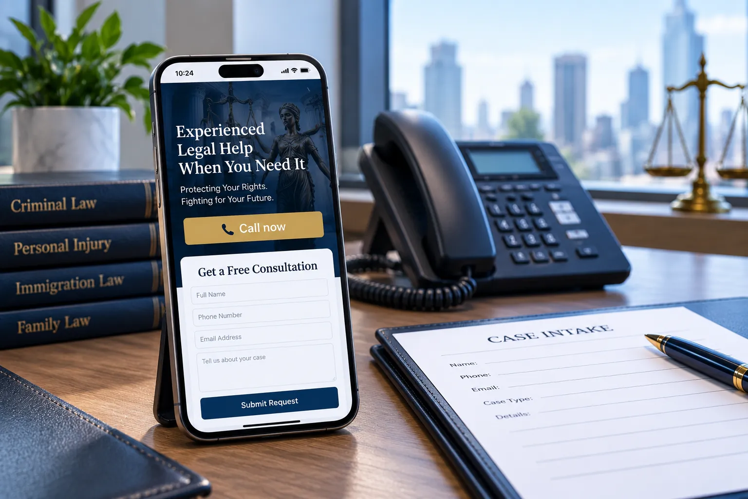A law firm website on a phone with a Call now button and a free consultation form, propped on a desk beside an office desk phone and a blank case intake sheet.