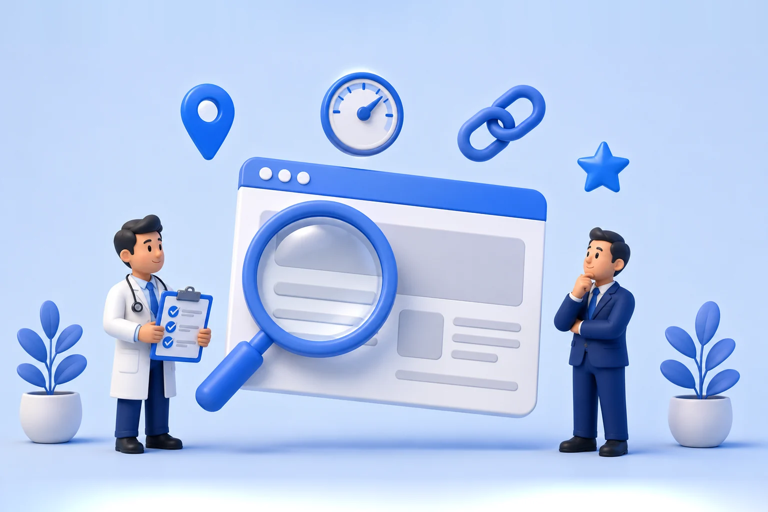 3D illustration of a large browser window with a blue title bar and grey placeholder blocks standing for a webpage, with an oversized blue magnifying glass held over its left side. A doctor in a white coat with a stethoscope stands to the left holding a clipboard with three blue check marks ticked off. A man in a navy suit stands to the right with a hand at his chin, studying the window. Four separate icons float above it, a map pin, a round speed gauge with the needle to the right, two interlocking chain links and a single blue star. Two potted plants with stylized blue leaves sit in the lower corners.