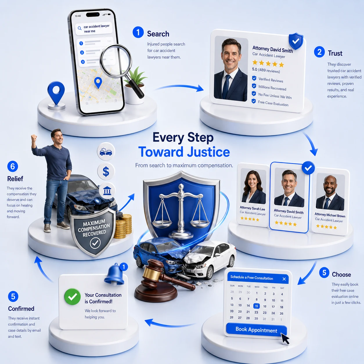 A car accident client journey flowchart in six steps, crash, search, call, protected, signed and recovered, showing how a fast, conversion-first website turns a roadside search into a signed case, designed by Proximity Ranker