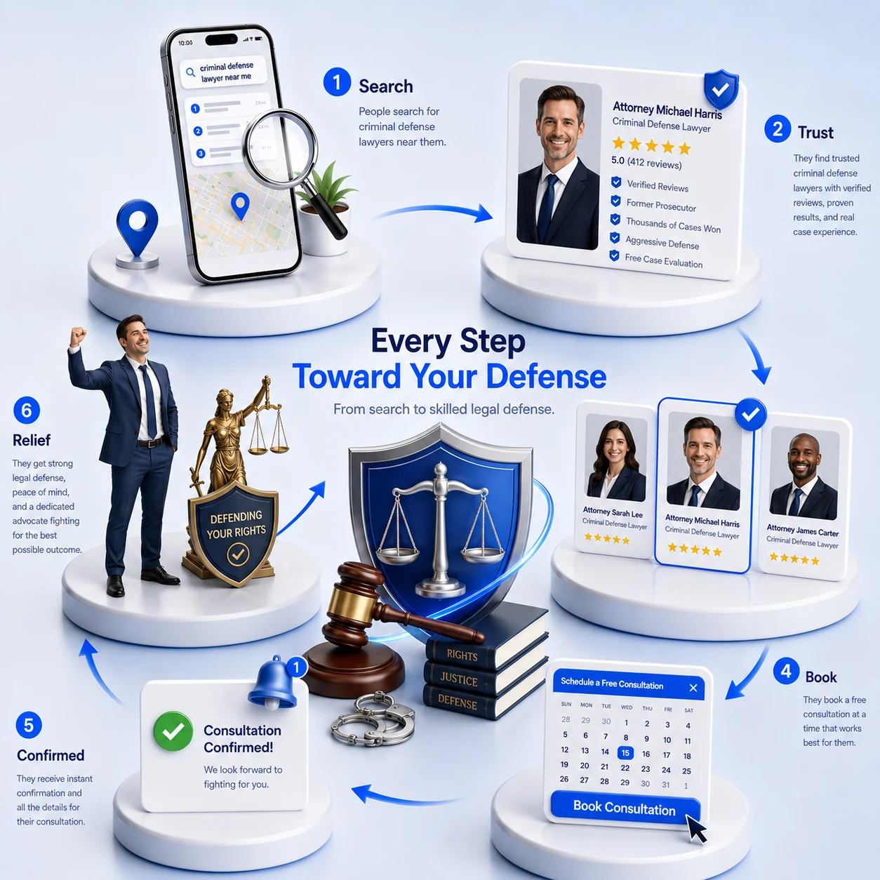 A criminal defense client journey flowchart in six steps, arrest, search, call, protected, defended and resolved, showing how a fast, confidential website turns a panicked 2am search into a retained case, designed by Proximity Ranker
