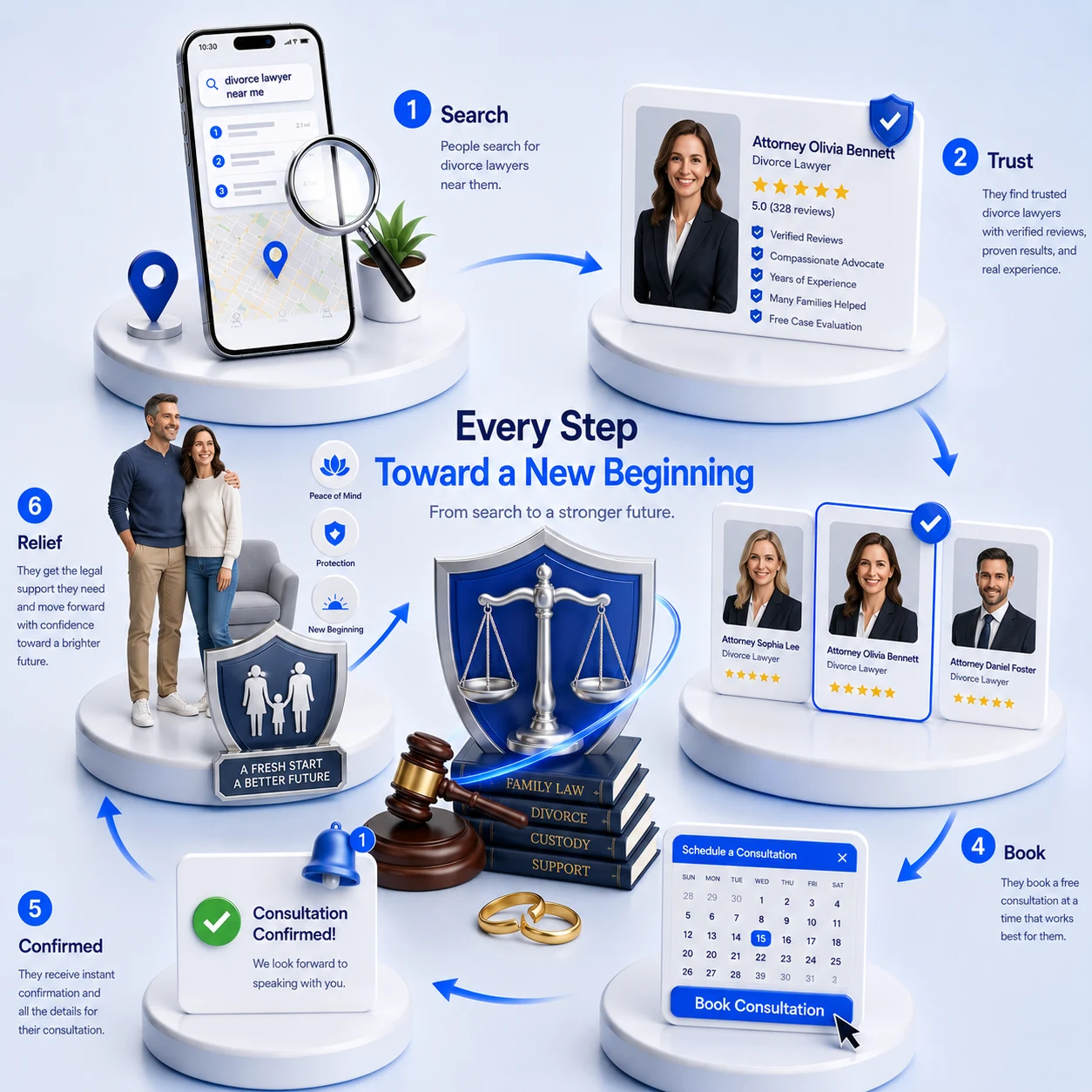 A family law client journey flowchart in six steps, decide, search, reach out, guided, protected and resolved, showing how a calm, private website turns a quiet search into a retained client, designed by Proximity Ranker