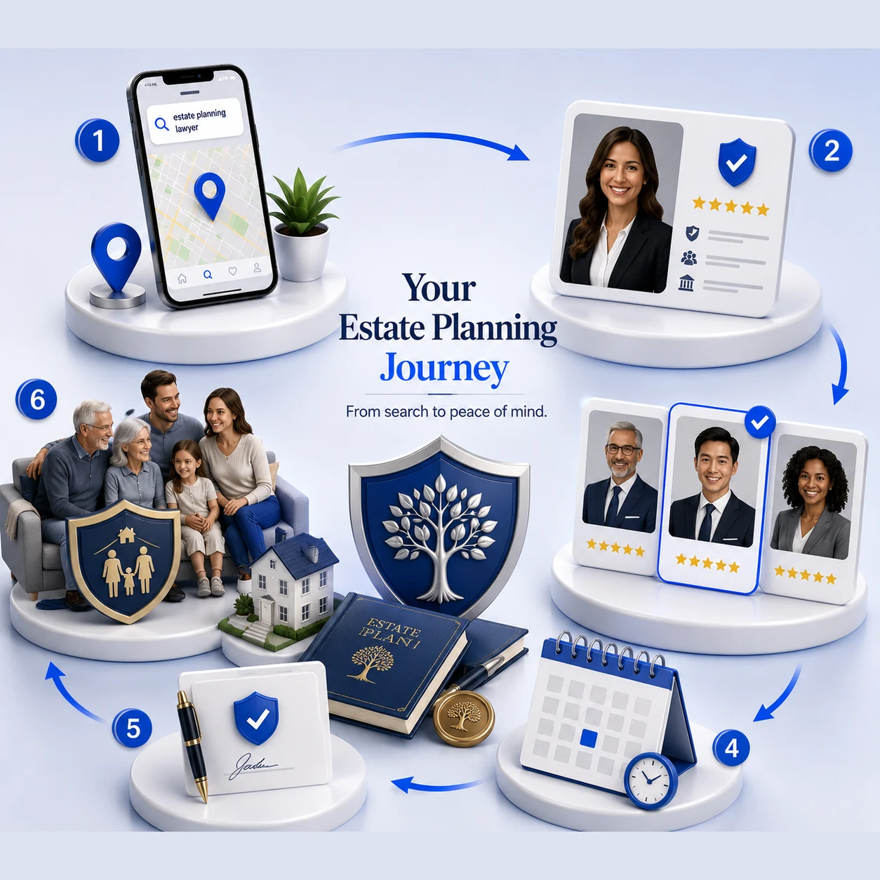 An estate planning client journey flowchart in six steps, put it off, search, reassured, book, planned and protected, showing how a warm, simple website turns a lifelong procrastinator into a signed client, designed by Proximity Ranker