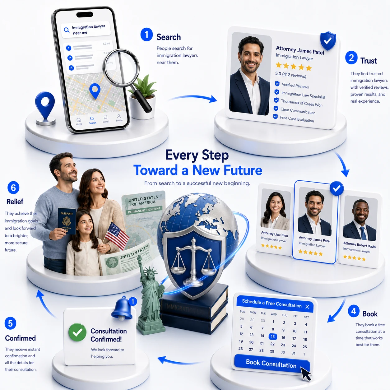 An immigration client journey flowchart in six steps, worry, search, trust, reach out, filed and approved, showing how a clear, trustworthy website turns an anxious search into a retained case, designed by Proximity Ranker