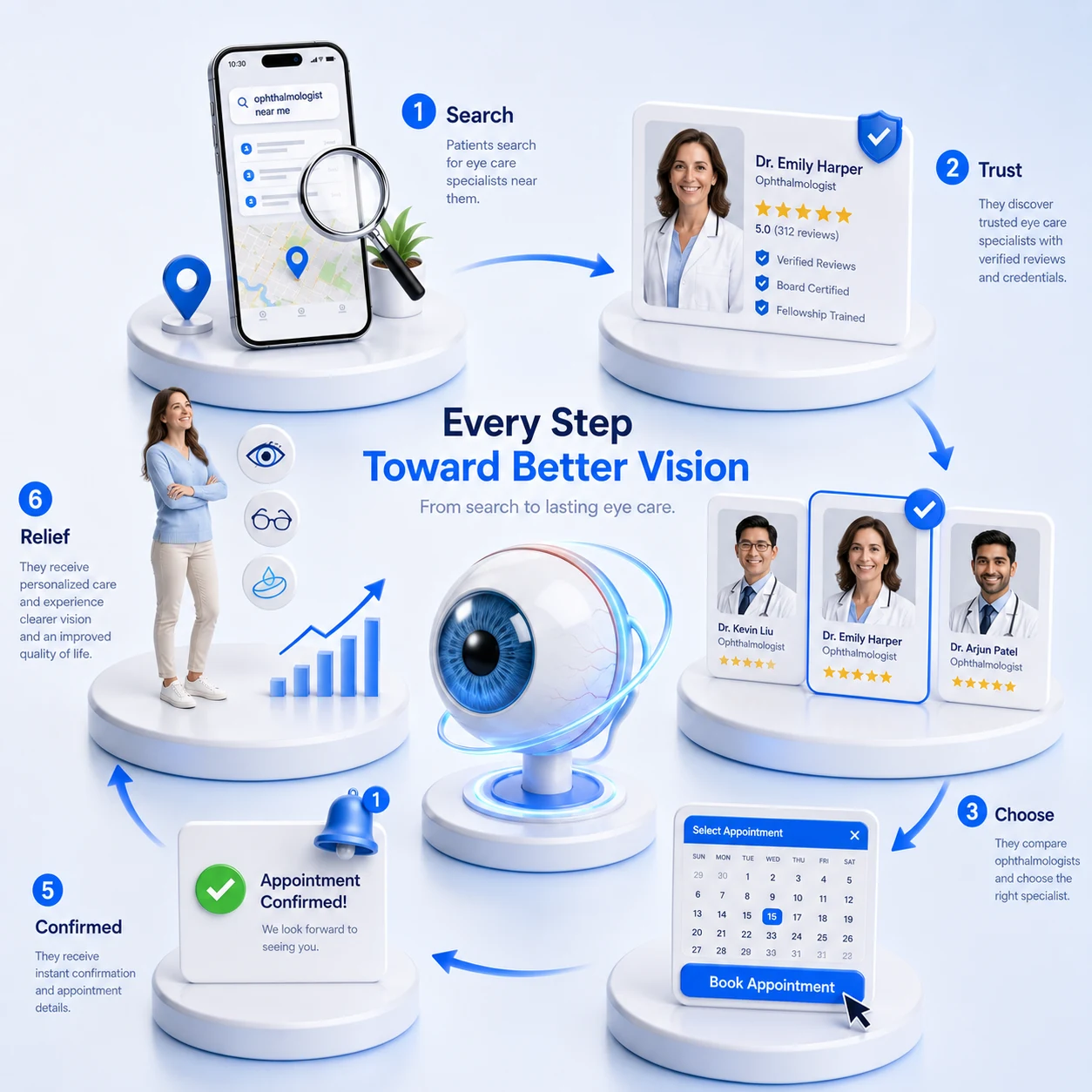 An ophthalmology patient journey flowchart in six steps, search, trust, choose, book a consultation, confirmed and clearer vision, showing how a credible, conversion-first website turns a search into a booked patient, designed by Proximity Ranker